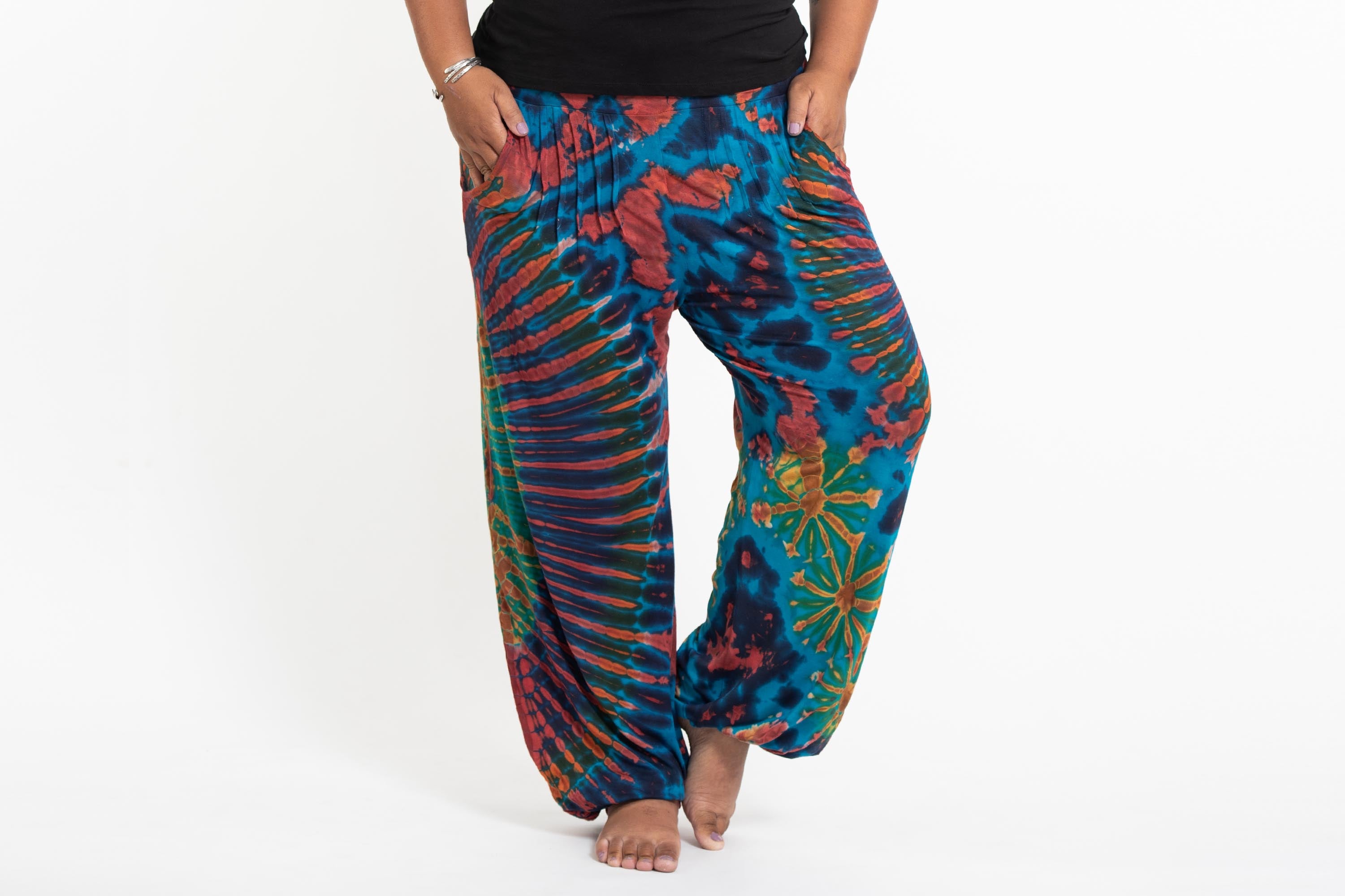 Plus Size Soft Flex Mens Tie Dye Harem Pants in Blue Rainbow