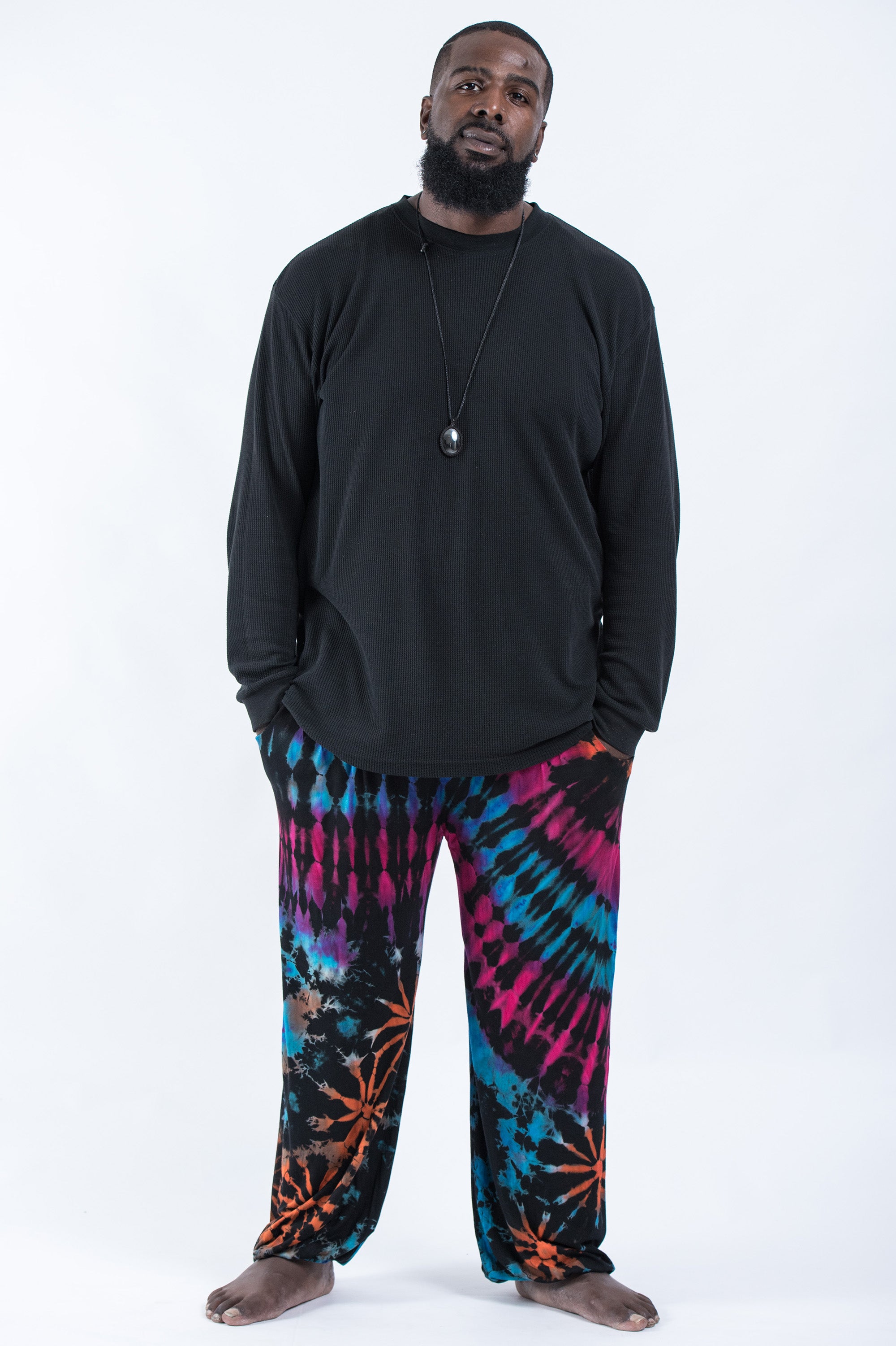 Plus Size Soft Flex Mens Tie Dye Harem Pants in Festival Black