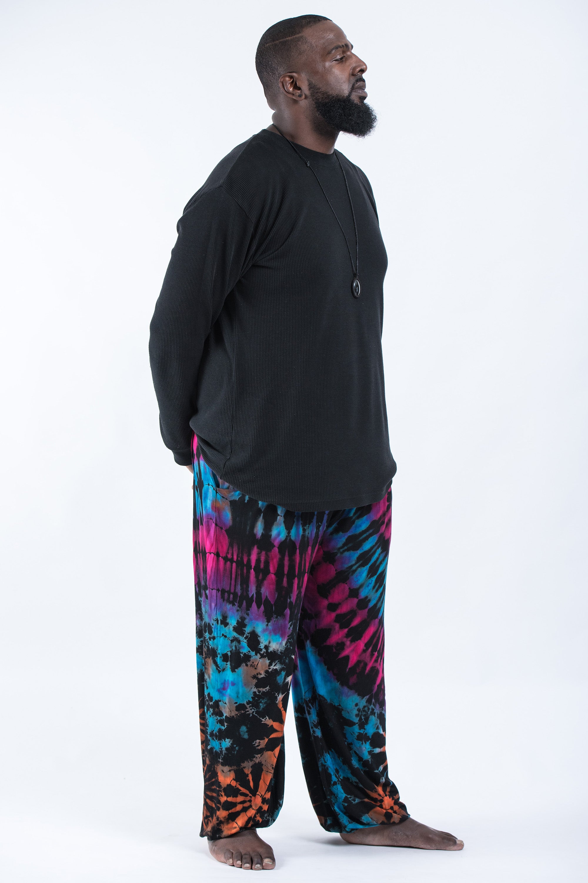 Plus Size Soft Flex Mens Tie Dye Harem Pants in Festival Black