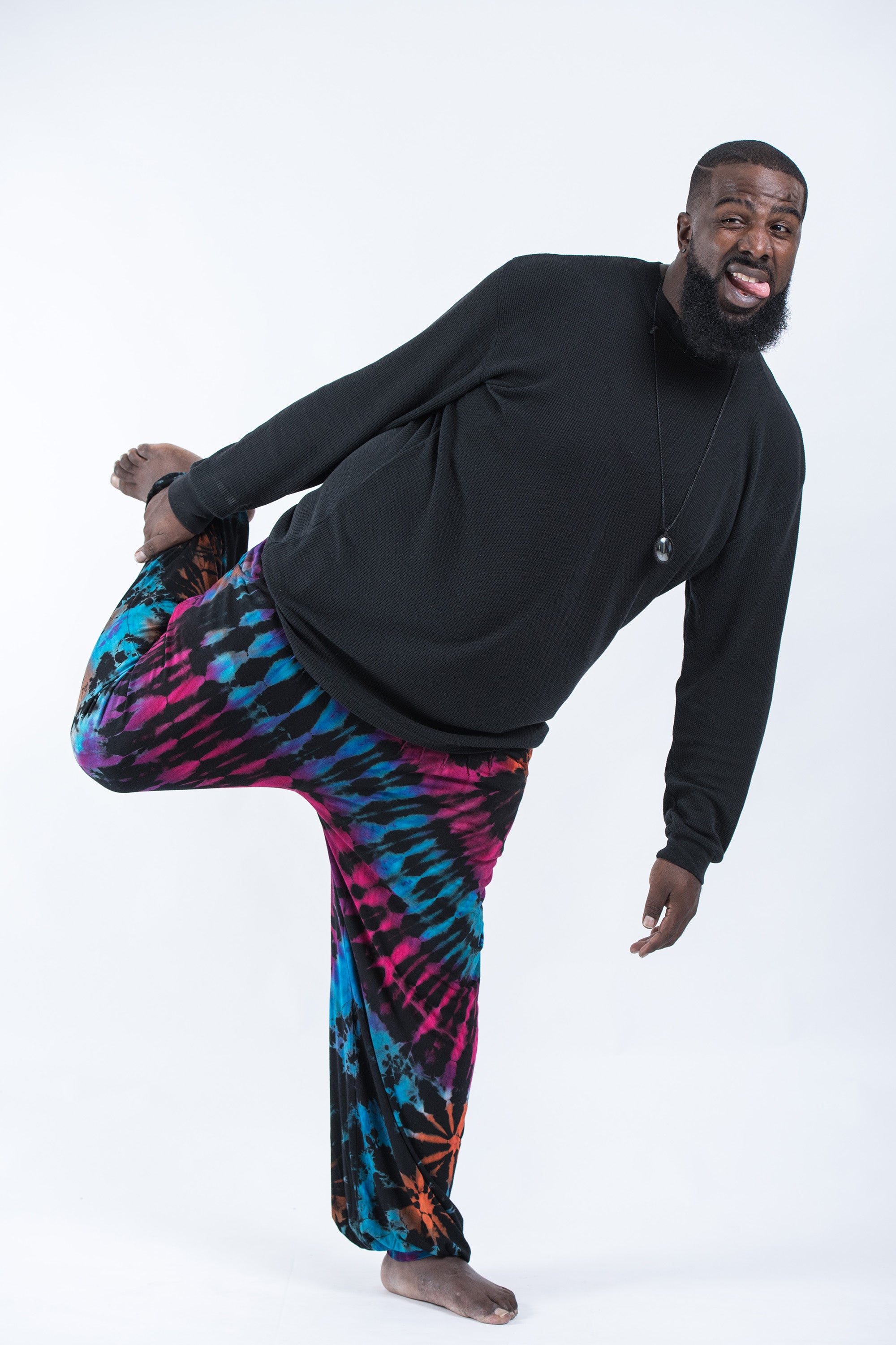 Plus Size Soft Flex Mens Tie Dye Harem Pants in Festival Black
