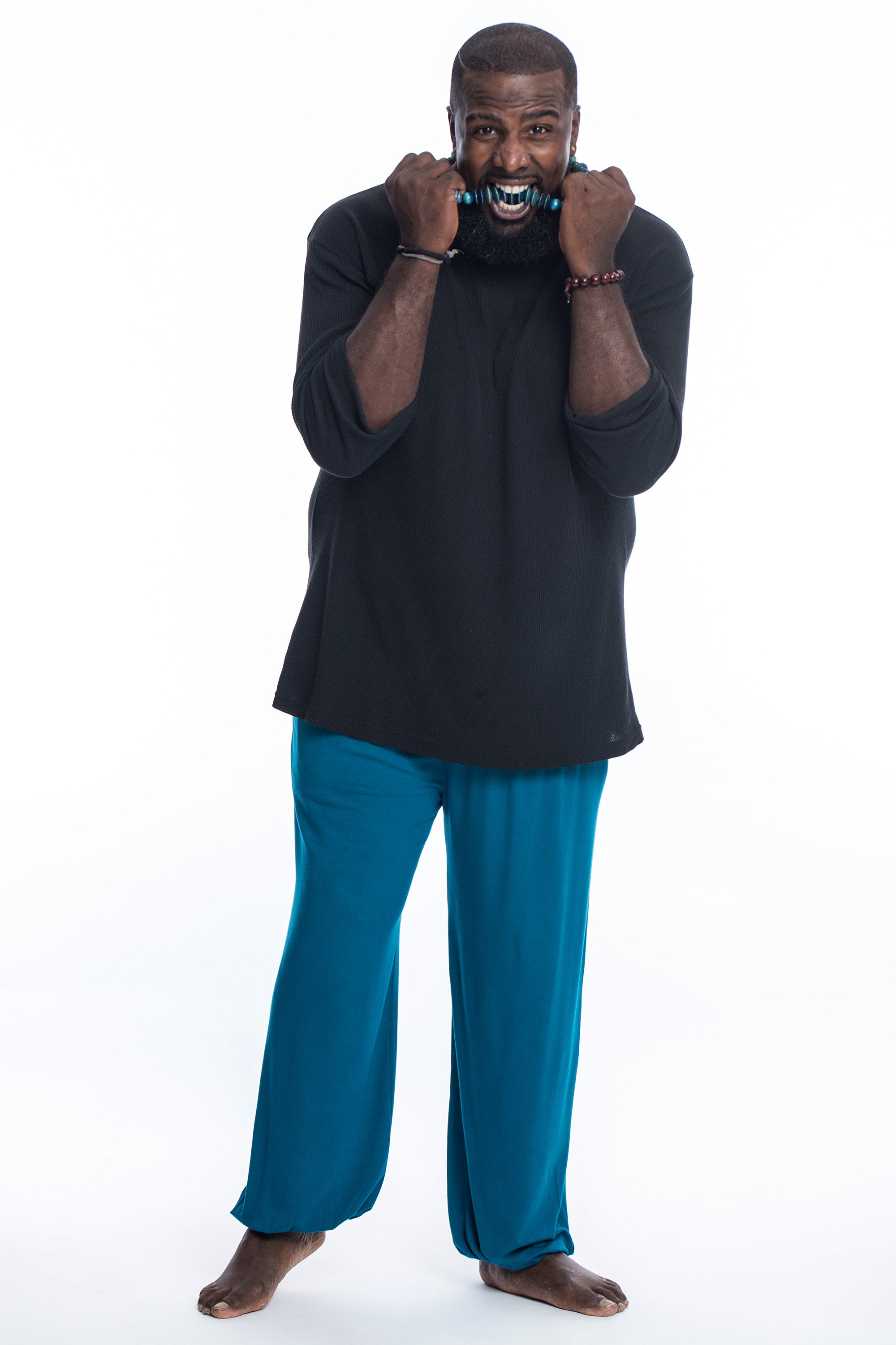 Plus Size Soft Flex Mens Harem Pants in Solid Blue