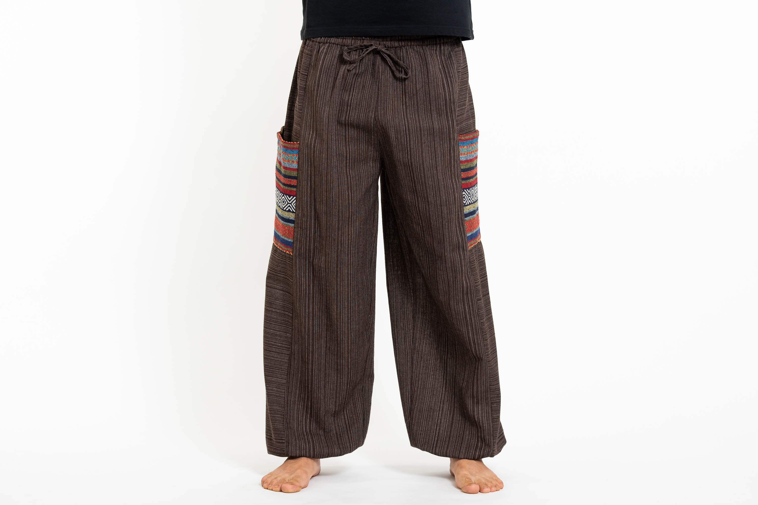 Men's Drawstring Pinstripes Cotton Pants with Aztec Pocket in Brown