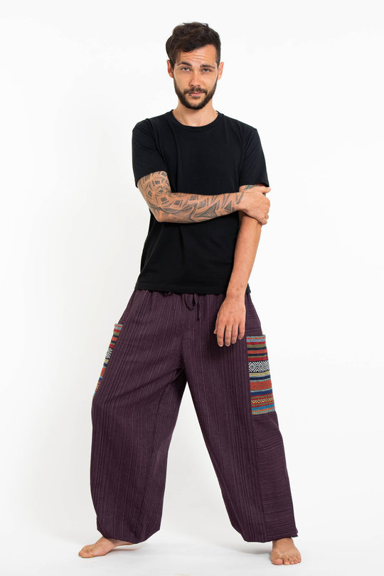Men's Drawstring Pinstripes Cotton Pants with Aztec Pocket in Purple