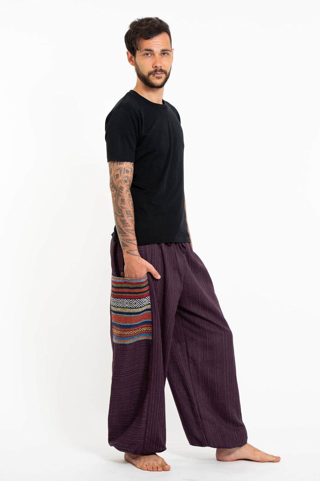 Men's Drawstring Pinstripes Cotton Pants with Aztec Pocket in Purple ...