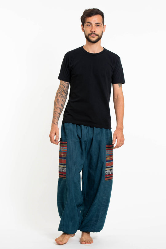 Men's Drawstring Pinstripes Cotton Pants with Aztec Pocket in Turquoise