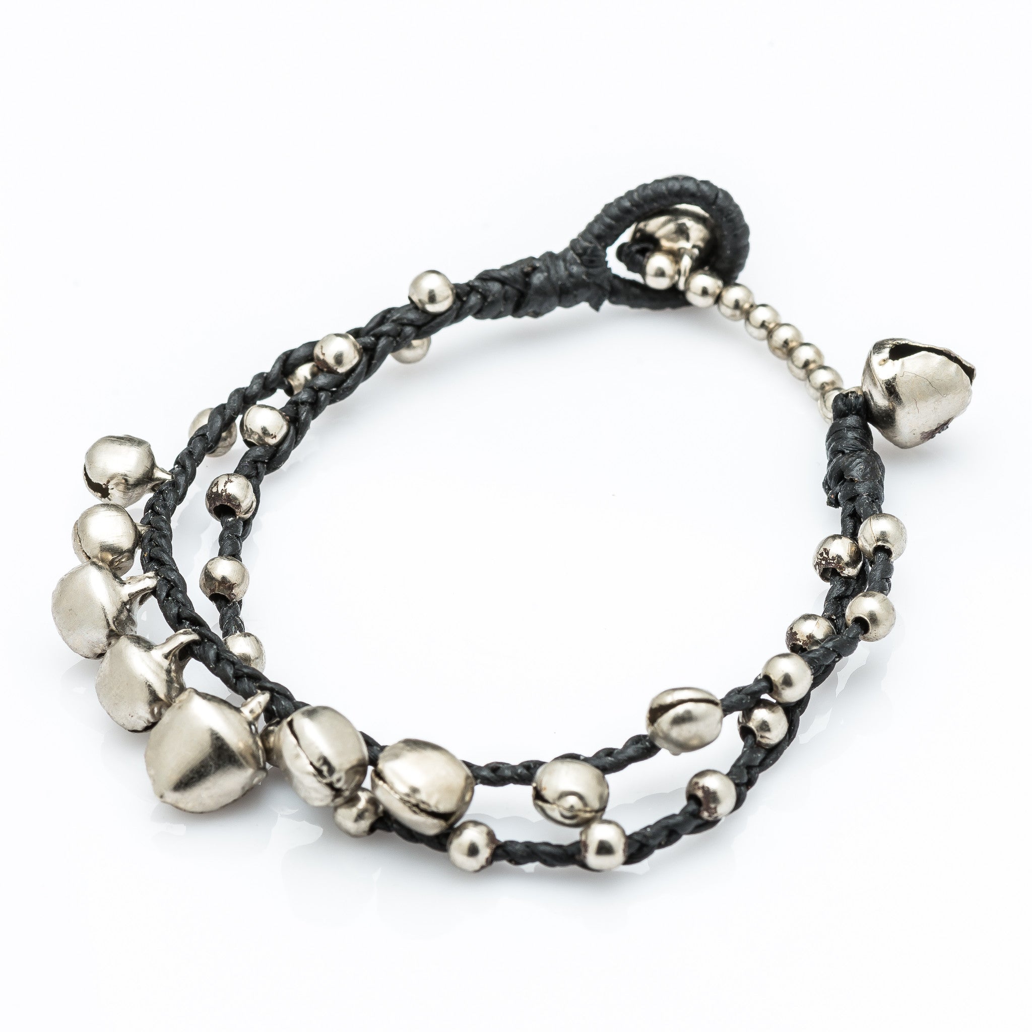 Silver Color Bell Waxed Cotton Bracelets in Black