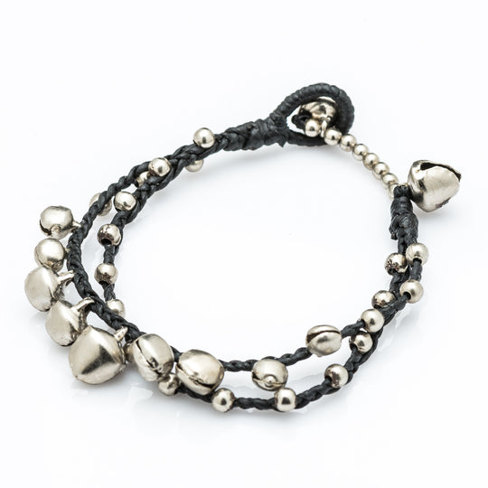 Silver Color Bell Waxed Cotton Bracelets in Black