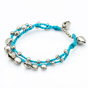 Silver Color Bell Waxed Cotton Bracelets in Turquoise