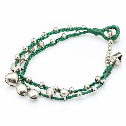 Silver Color Bell Waxed Cotton Bracelets in Green