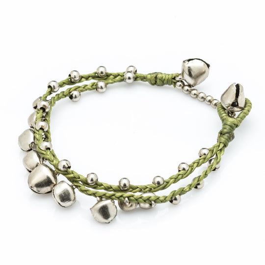 Silver Color Bell Waxed Cotton Bracelets in Lime