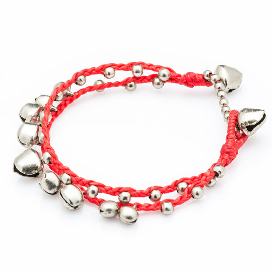 Silver Color Bell Waxed Cotton Bracelets in Red