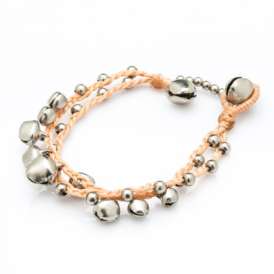 Silver Color Bell Waxed Cotton Bracelets in Tan