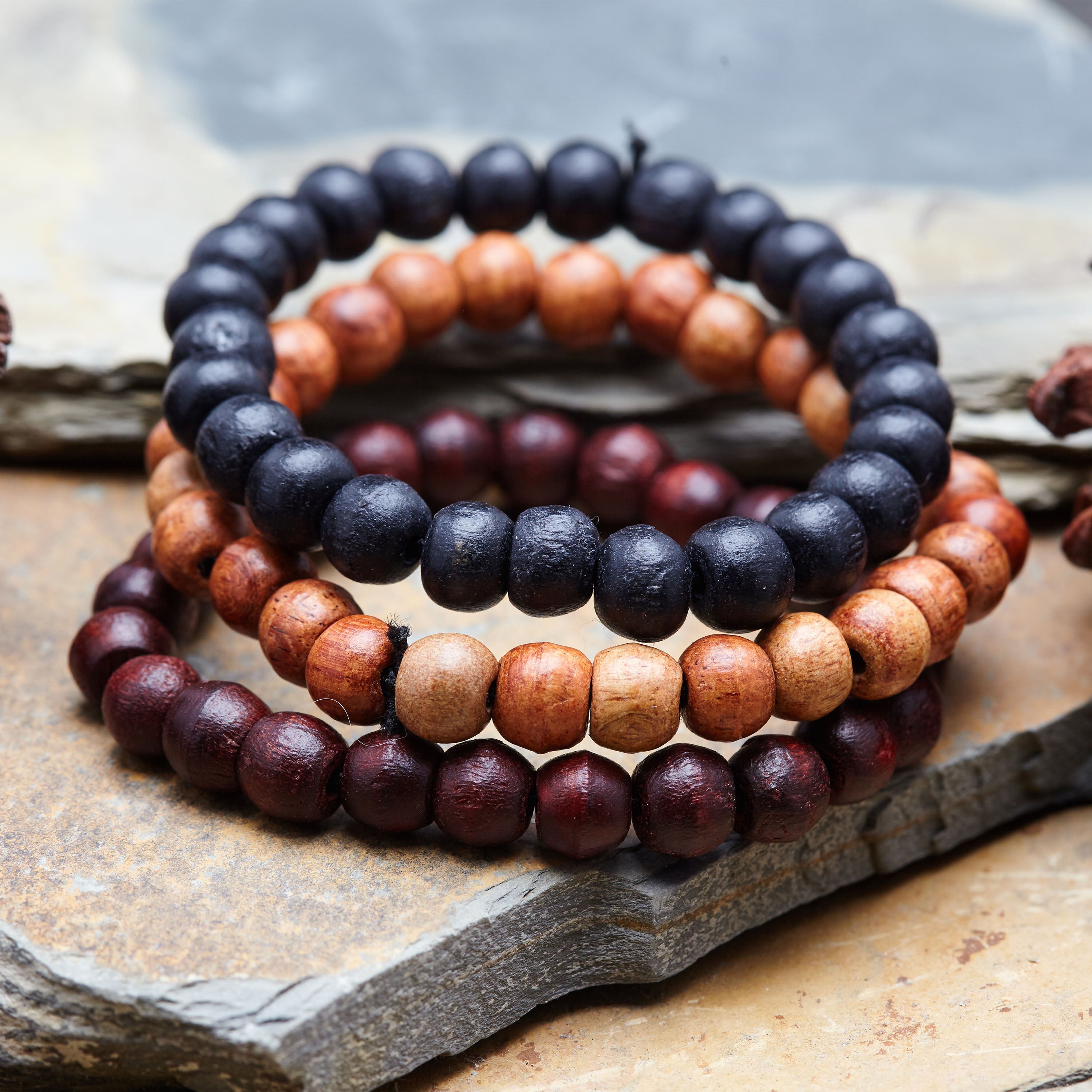 Hand Made Set of 3 Thai Wooden Mala Bead Elastic Bracelets