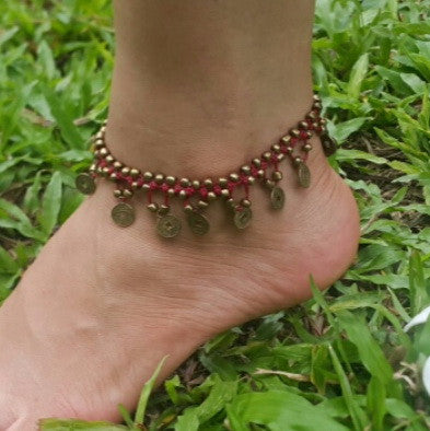 Red Patwa Thread Anklet with Coin Charms