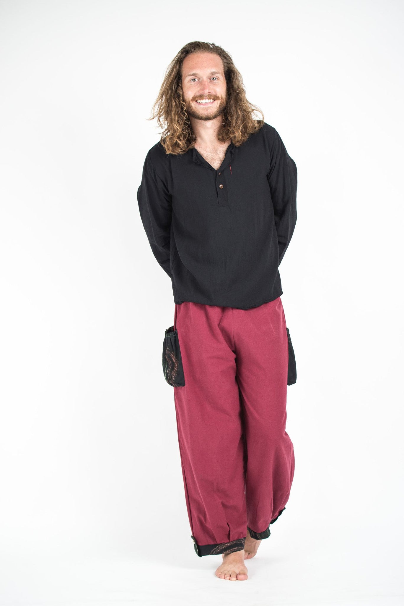 Thai Cotton Men Drawstring Pants With Hill Tribe Trim Red