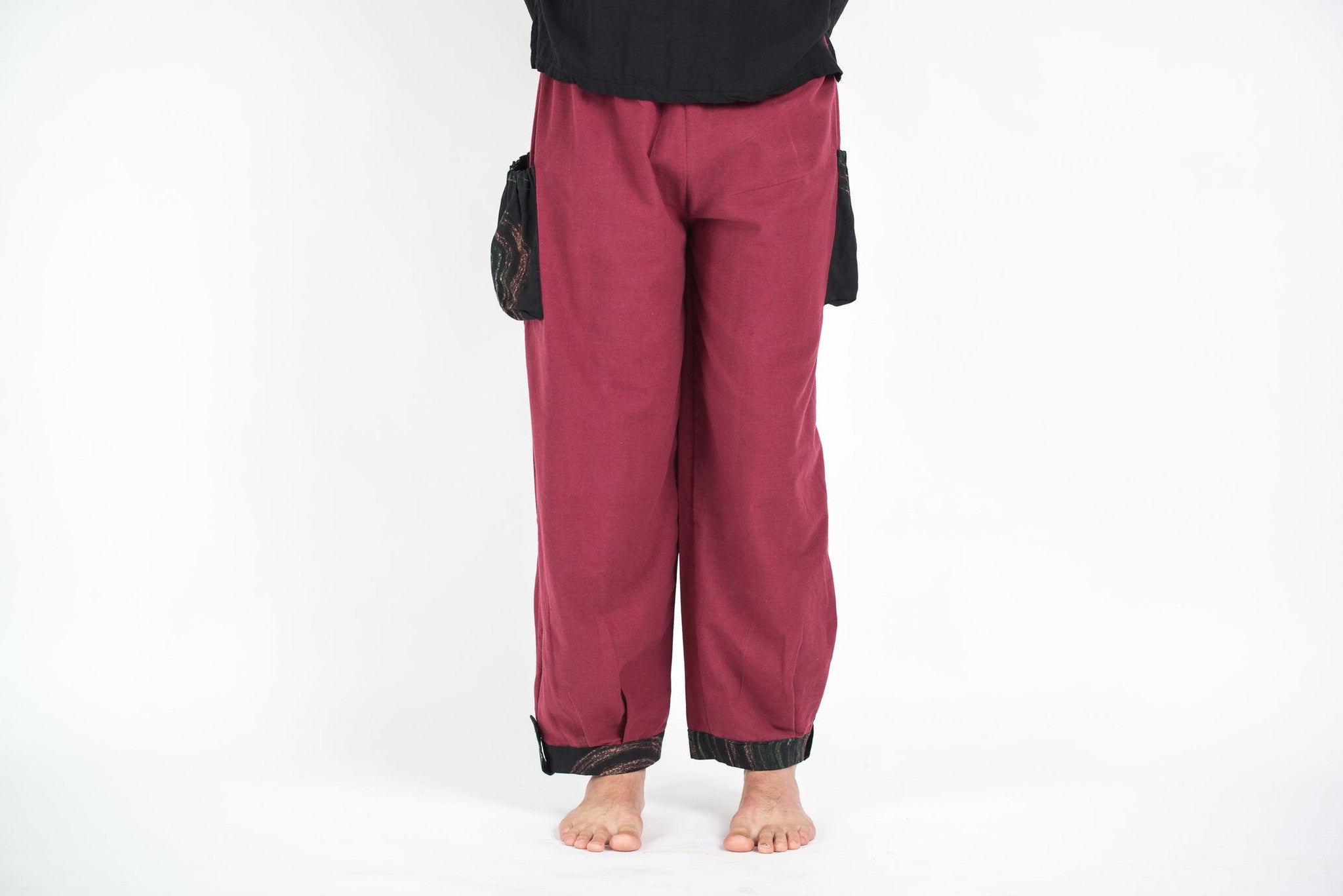 Thai Cotton Men Drawstring Pants With Hill Tribe Trim Red