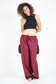 Thai Cotton Women Drawstring Pants With Hill Tribe Trim Red