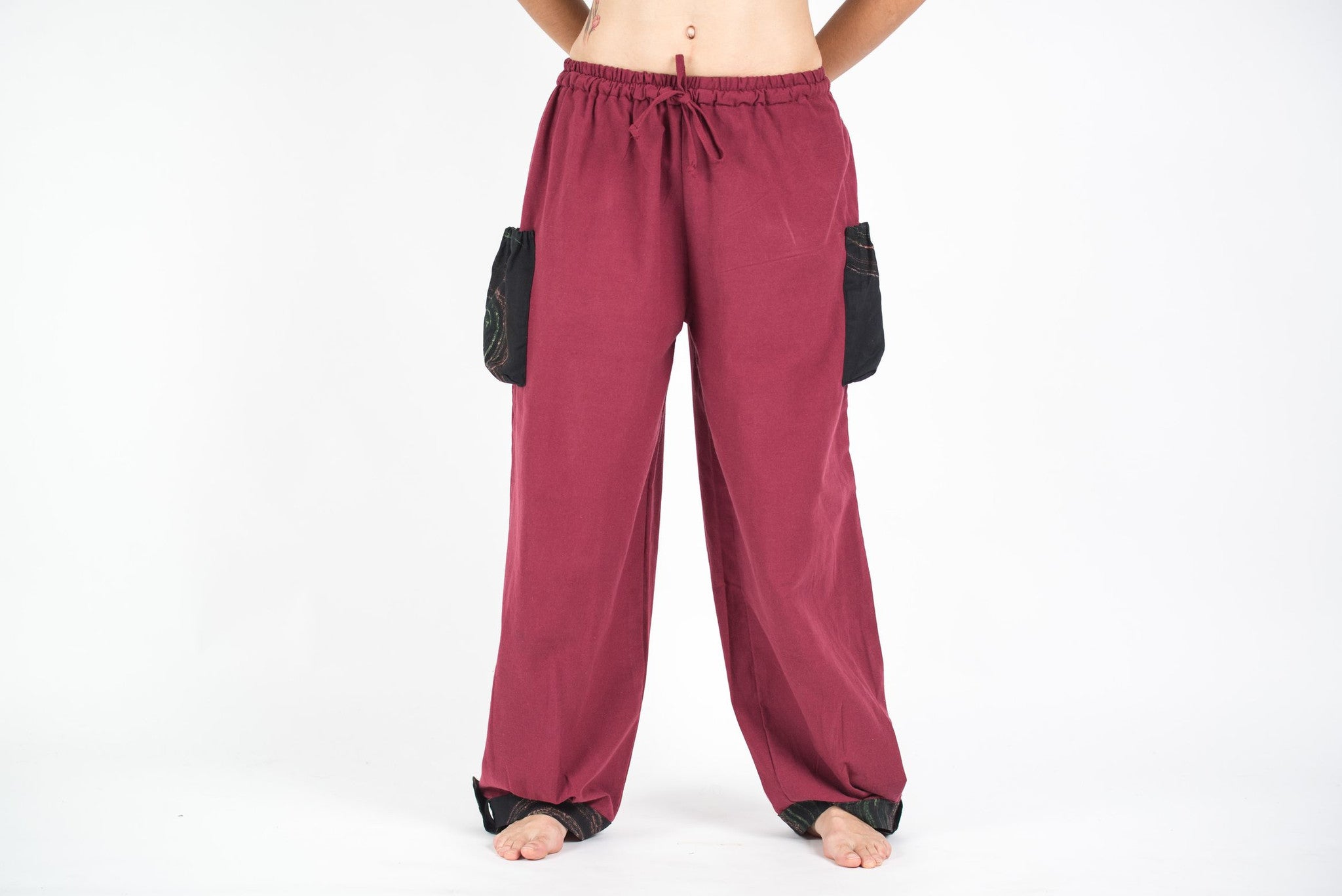 Thai Cotton Women Drawstring Pants With Hill Tribe Trim Red