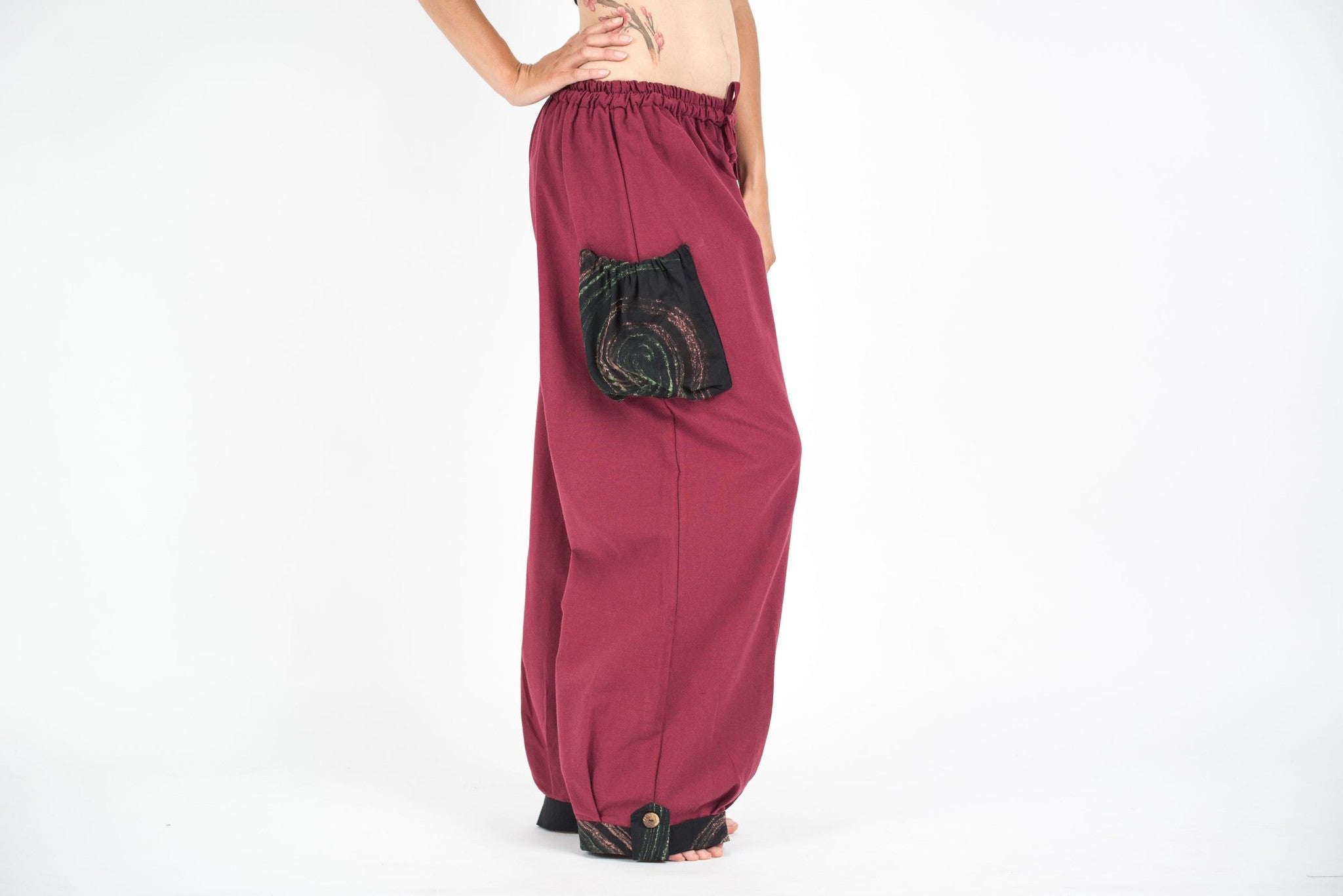 Thai Cotton Women Drawstring Pants With Hill Tribe Trim Red
