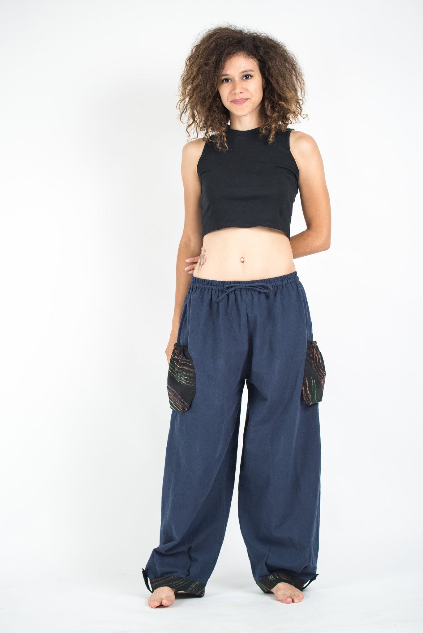 Thai Cotton Women Drawstring Pants With Hill Tribe Trim Blue