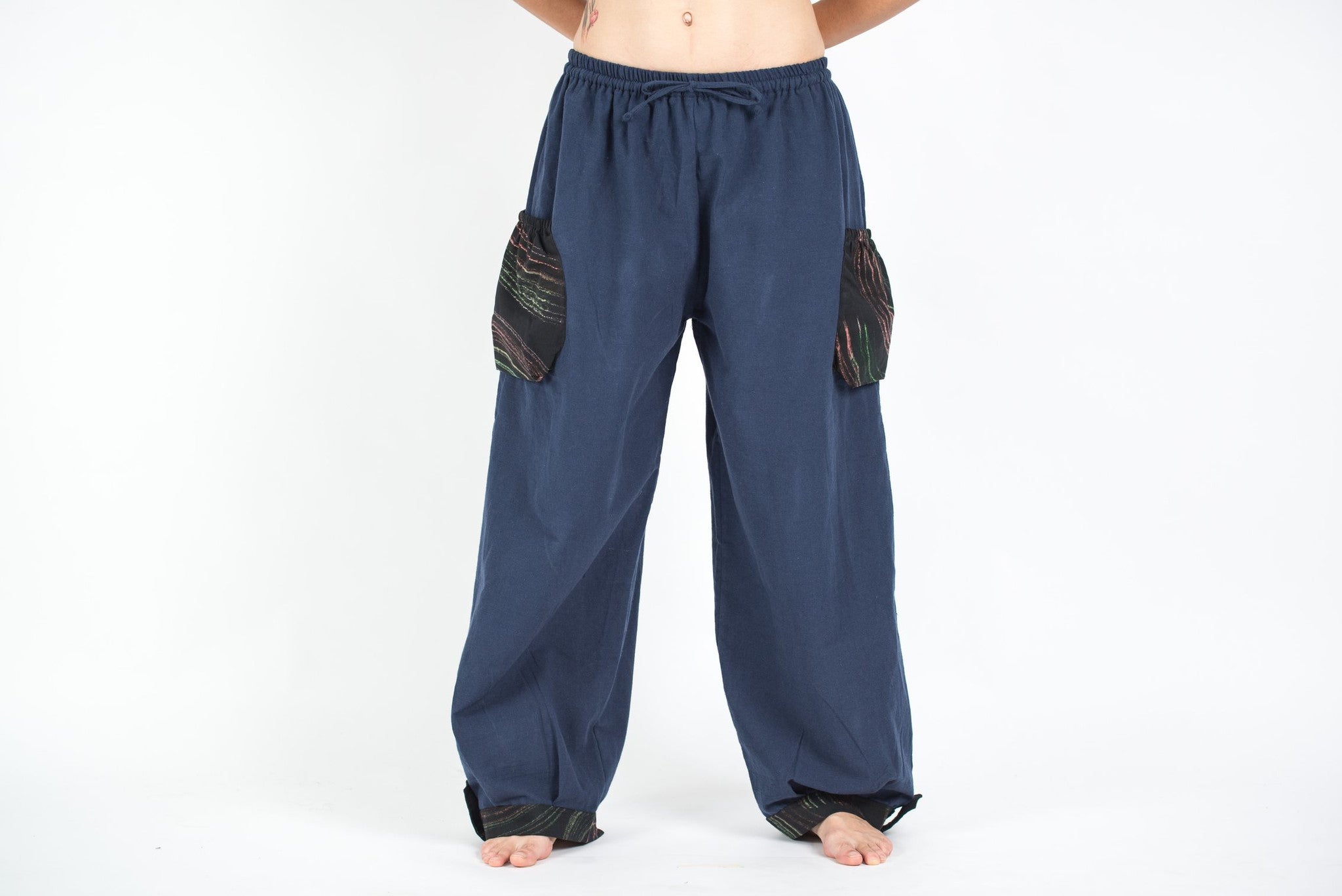 Thai Cotton Women Drawstring Pants With Hill Tribe Trim Blue