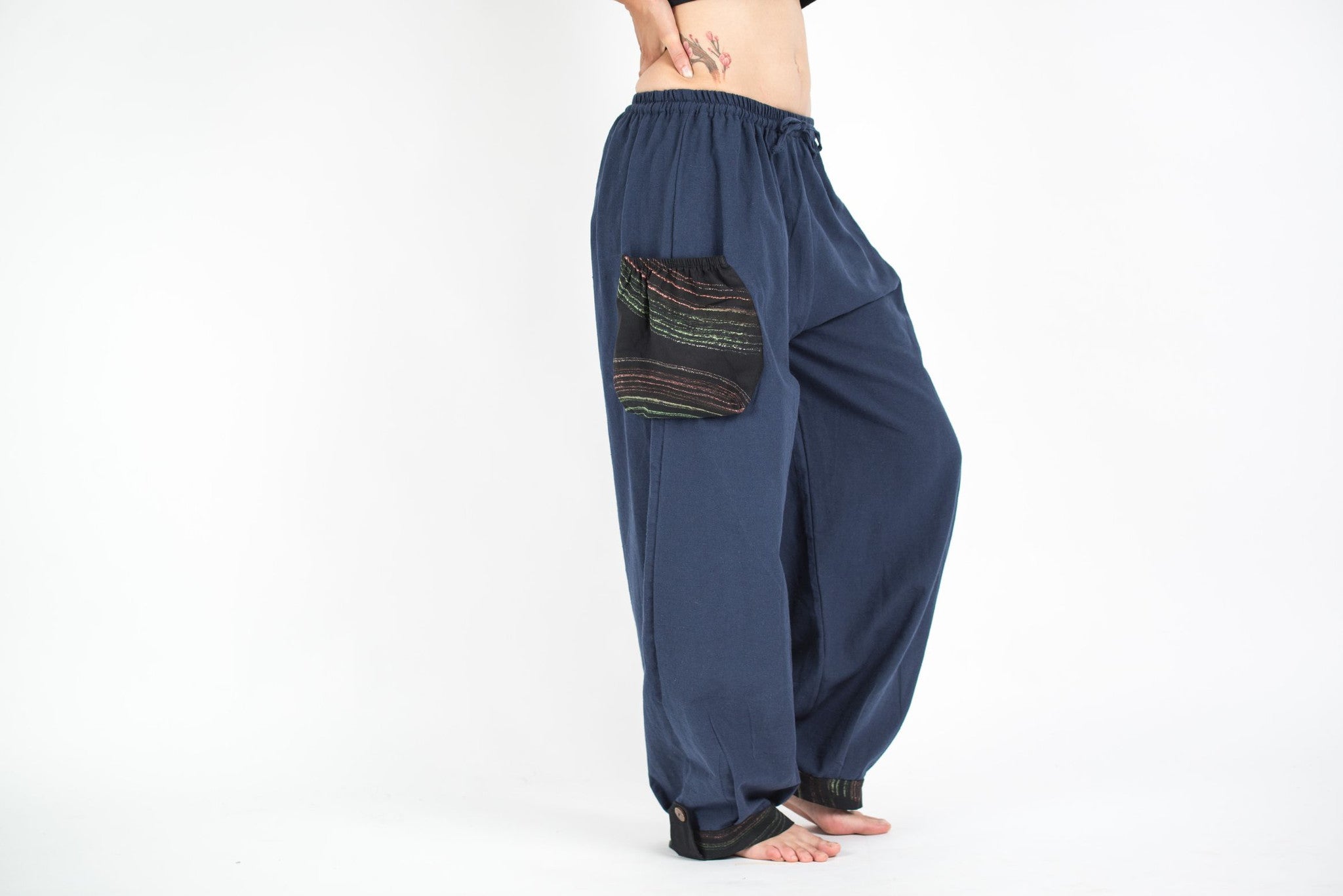 Thai Cotton Women Drawstring Pants With Hill Tribe Trim Blue