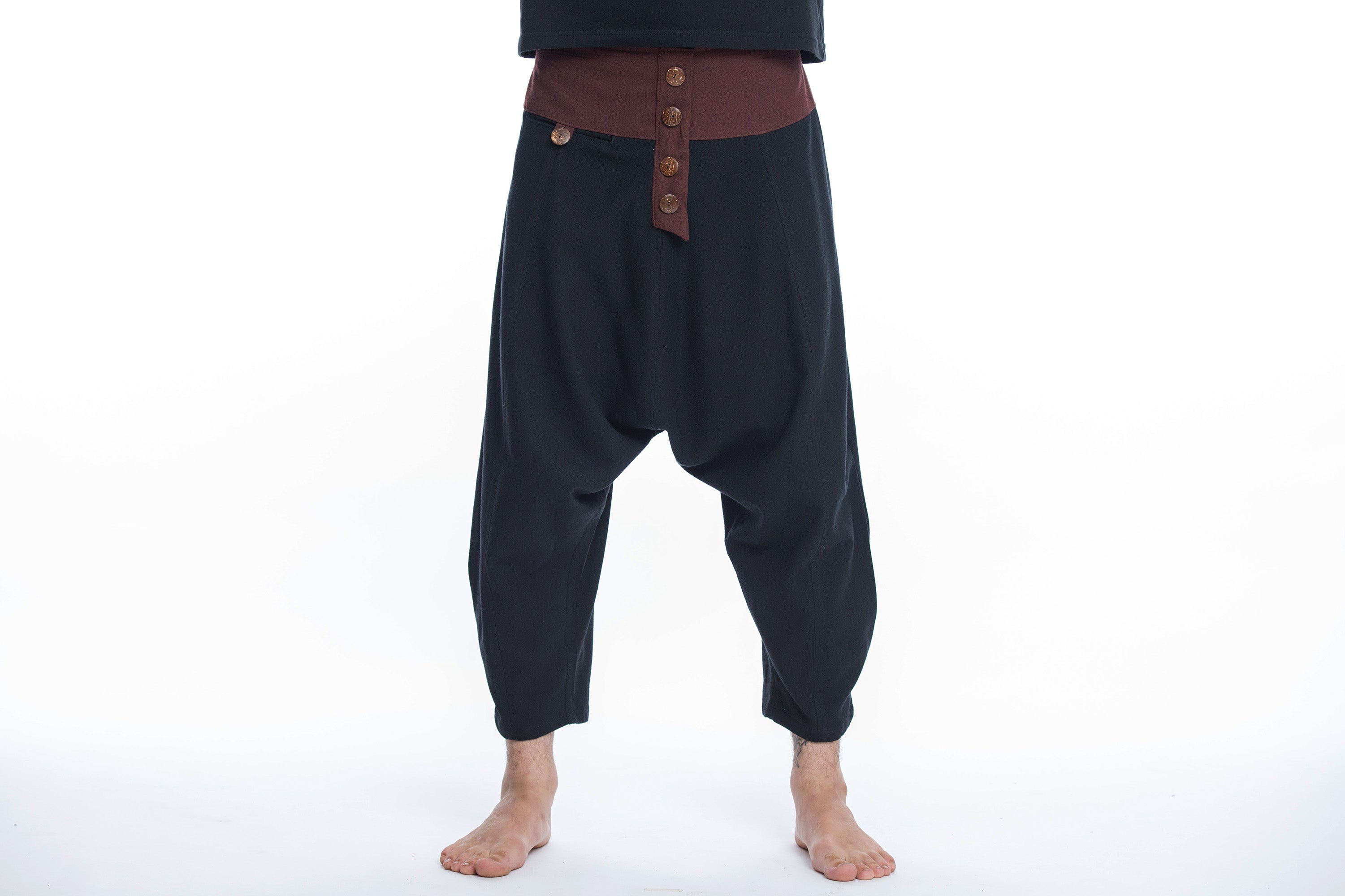 Cotton Men's Harem Pants with Faux Buttons in Black