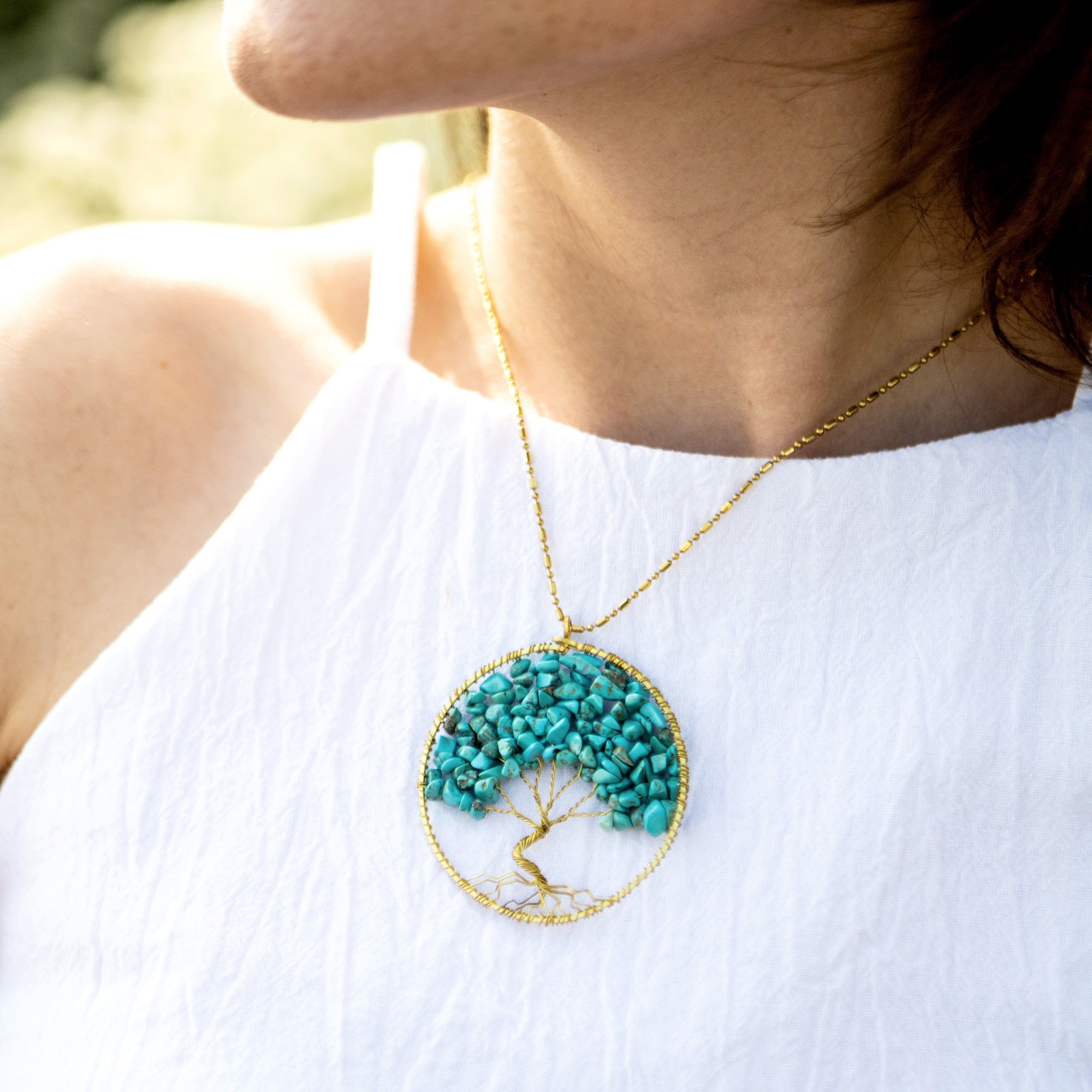 Tree of Life with Turquoise Stone Pendant Brass Necklace