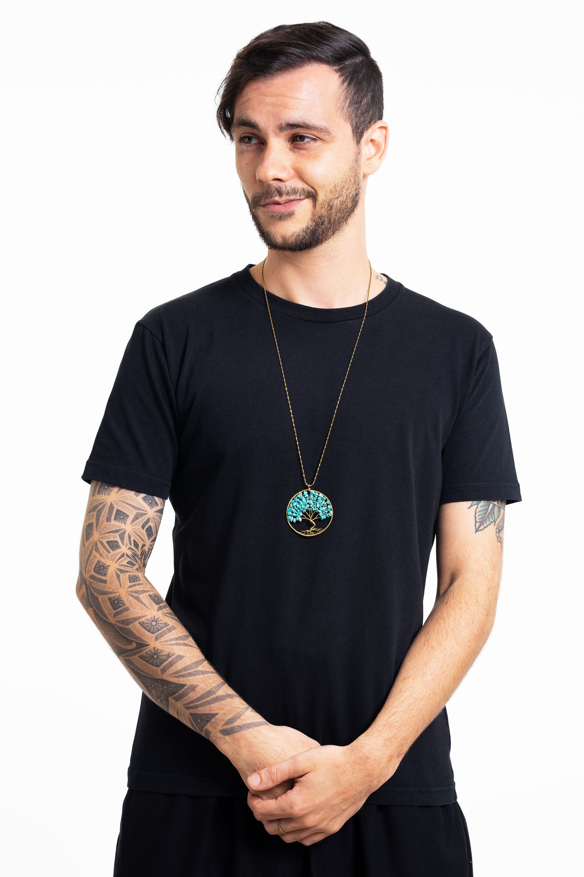 Tree of Life with Turquoise Stone Pendant Brass Necklace