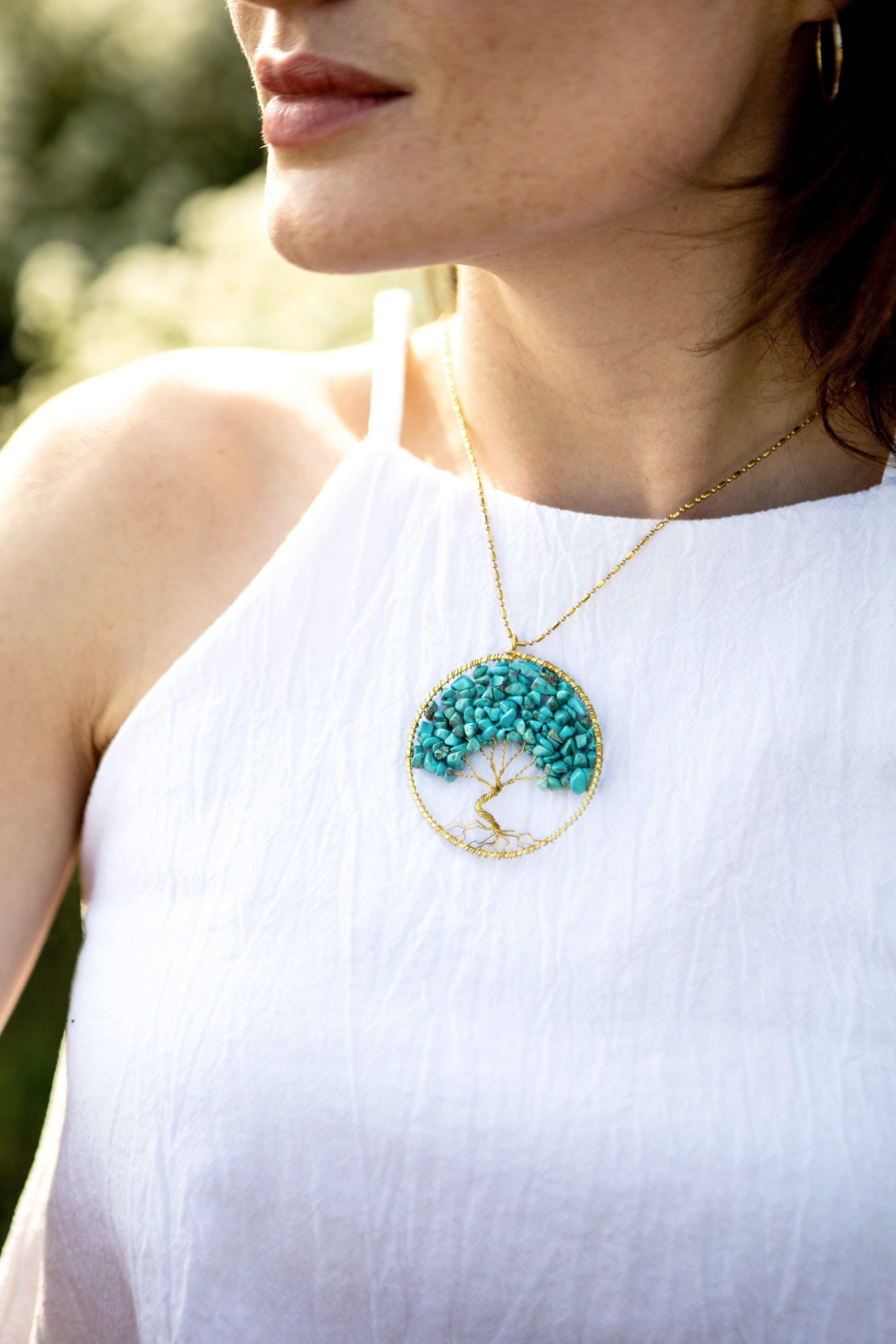 Tree of Life with Turquoise Stone Pendant Brass Necklace