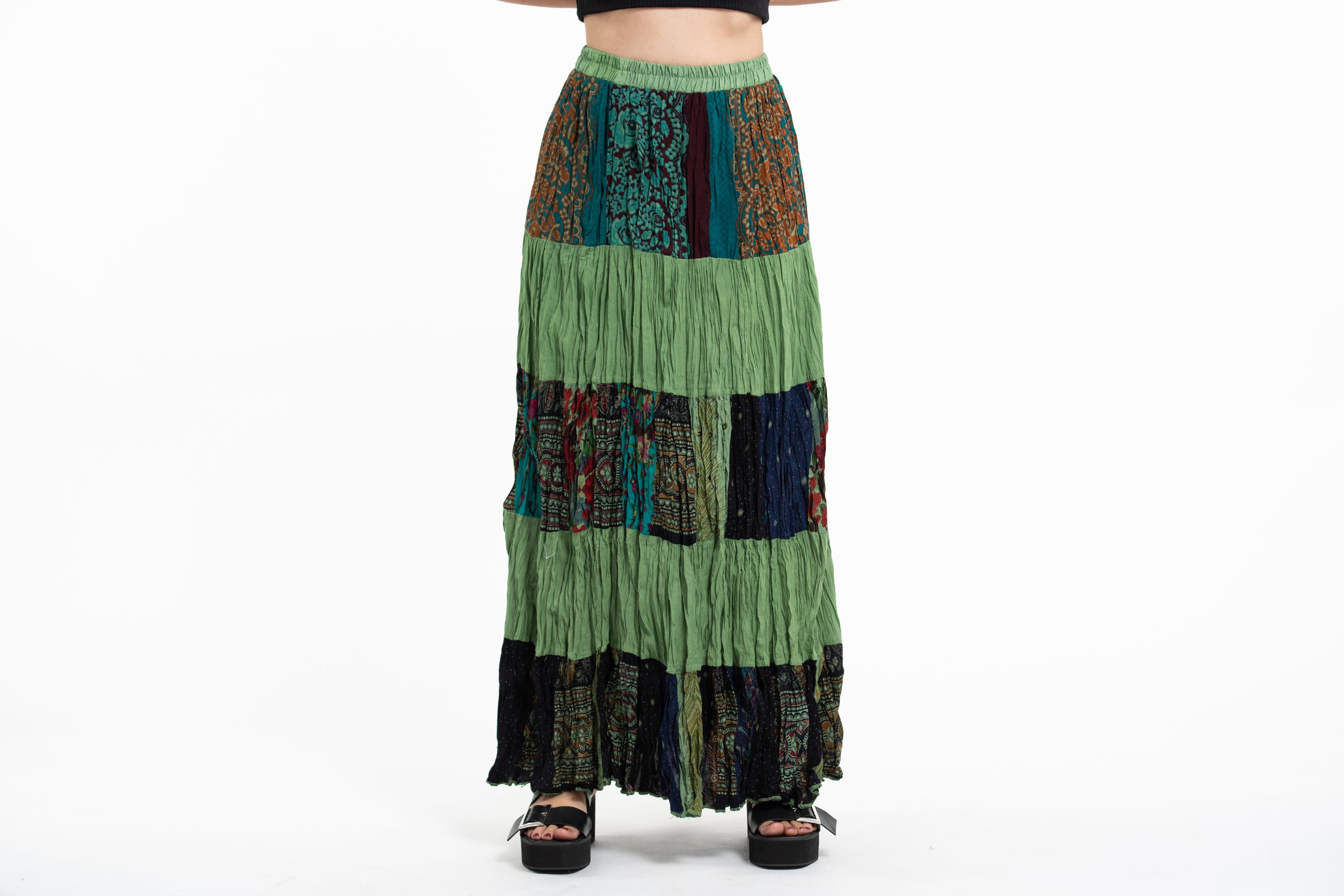 Patchwork Long Skirt in Light Green