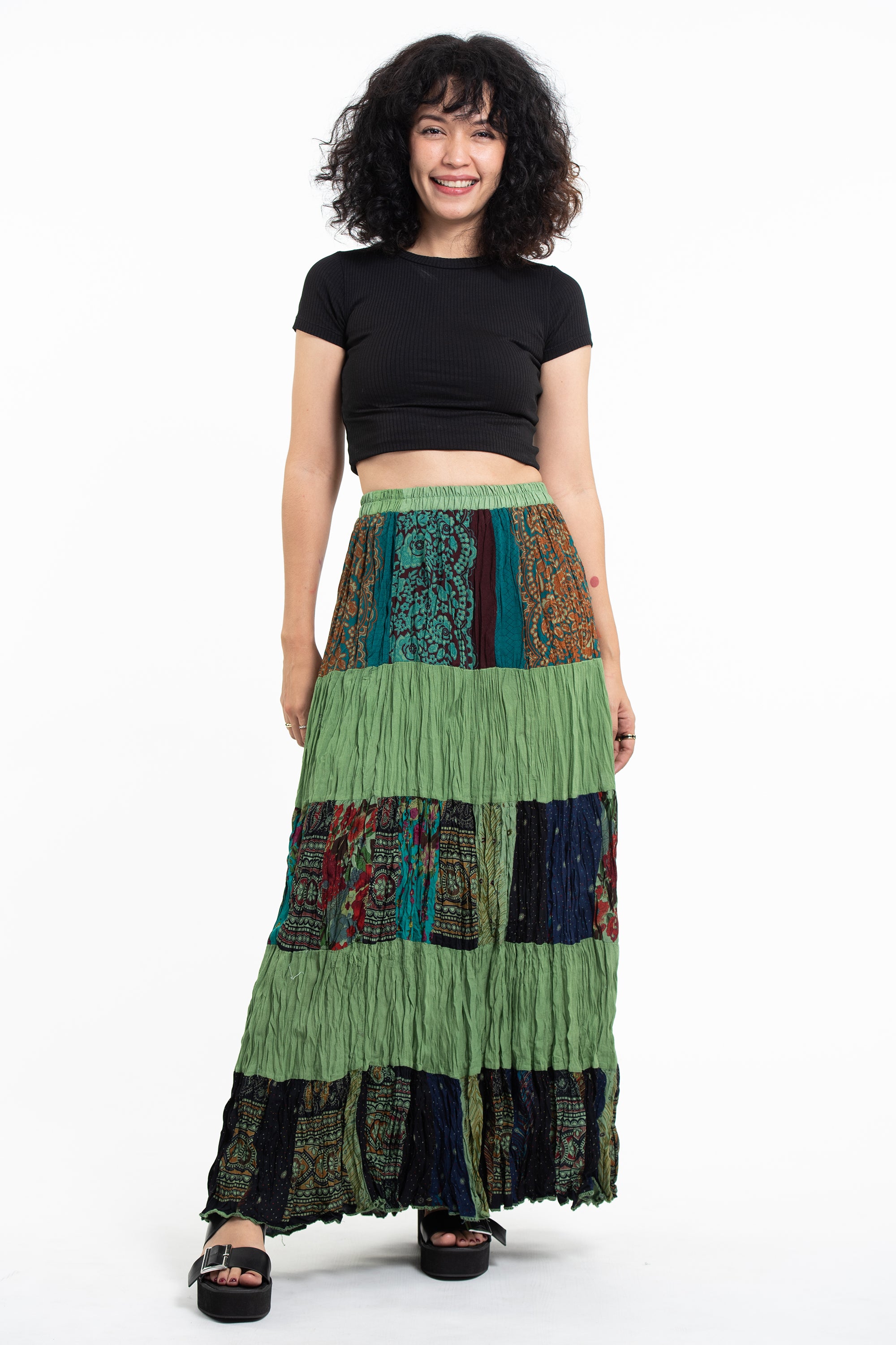Patchwork Long Skirt in Light Green