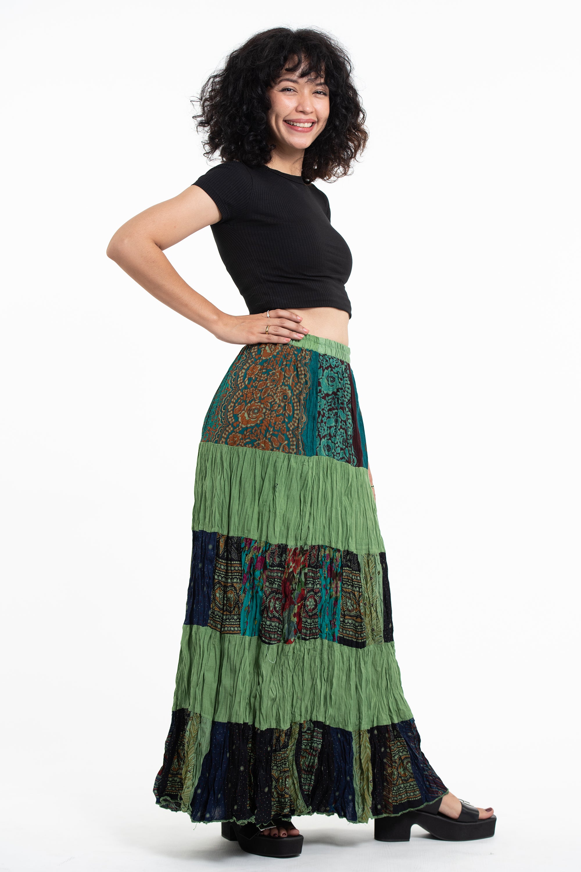 Patchwork Long Skirt in Light Green