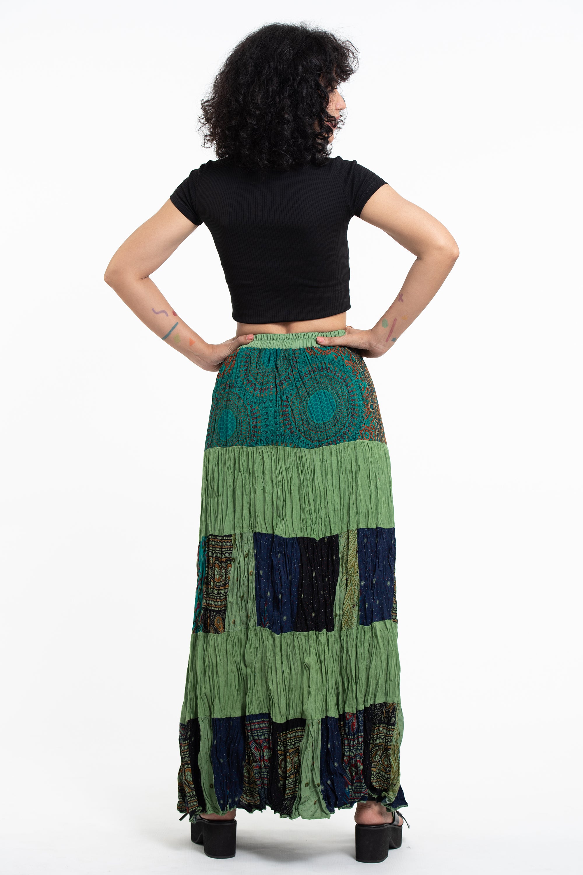 Patchwork Long Skirt in Light Green