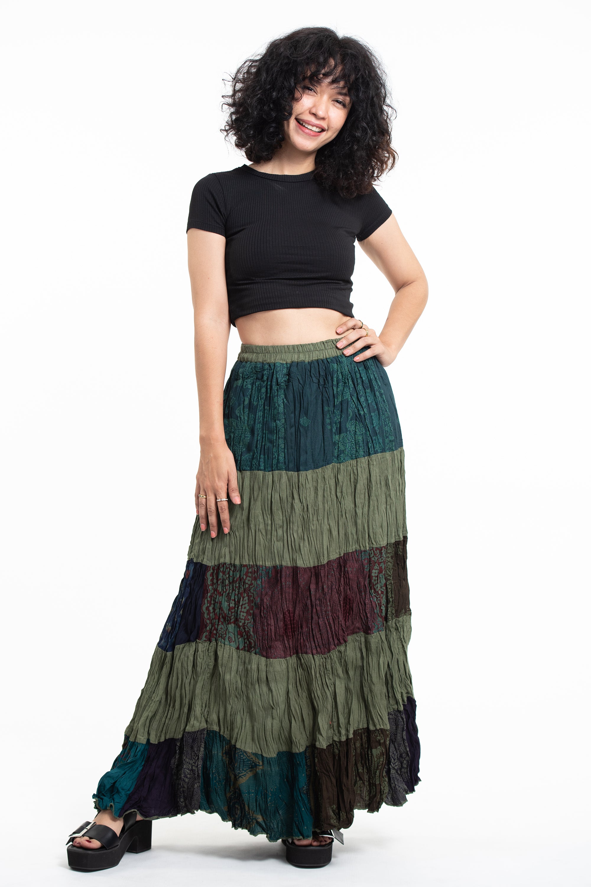Patchwork Long Skirt in Green
