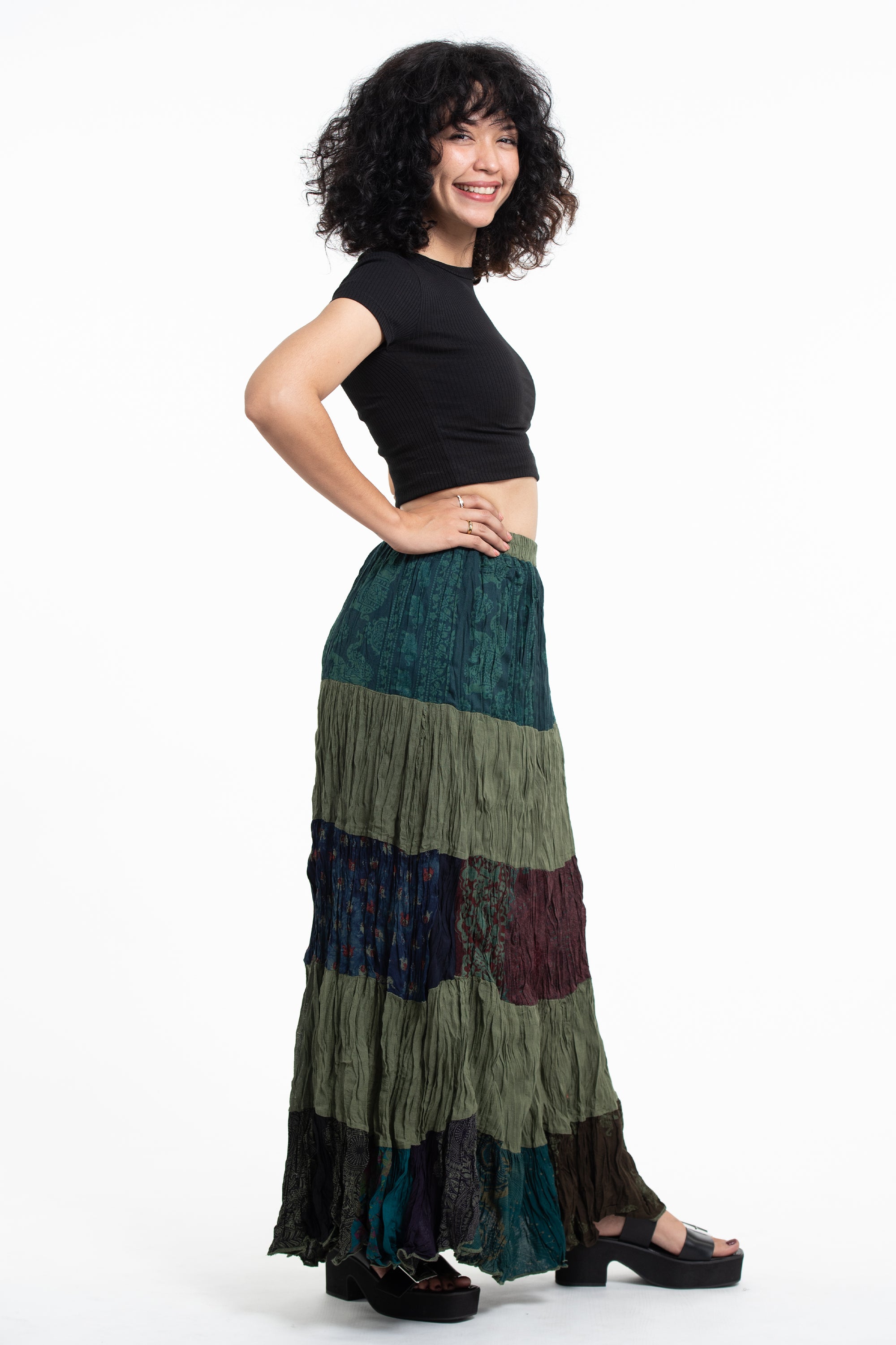 Patchwork Long Skirt in Green