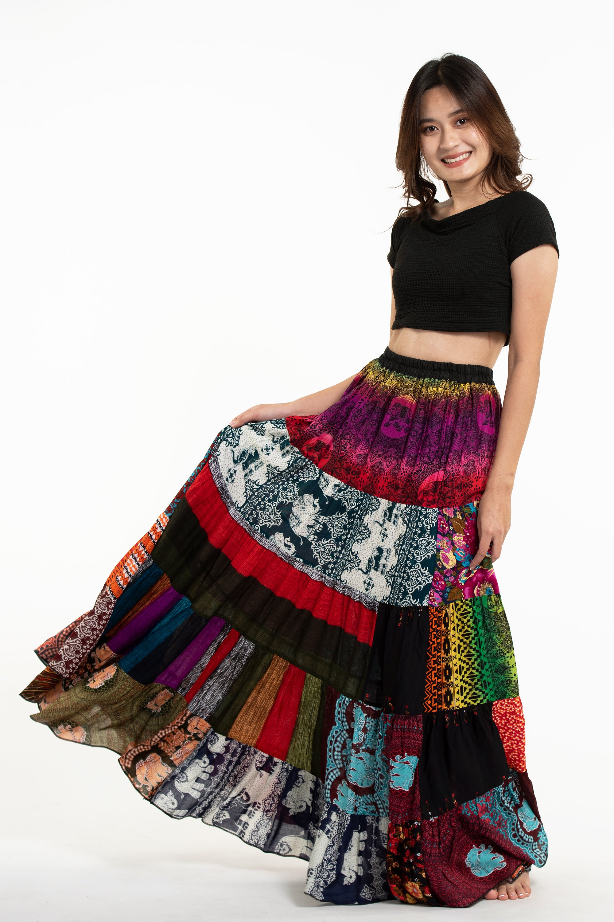 Lovebirds Contrast Denim Patchwork Maxi-Skirt | Liberty
