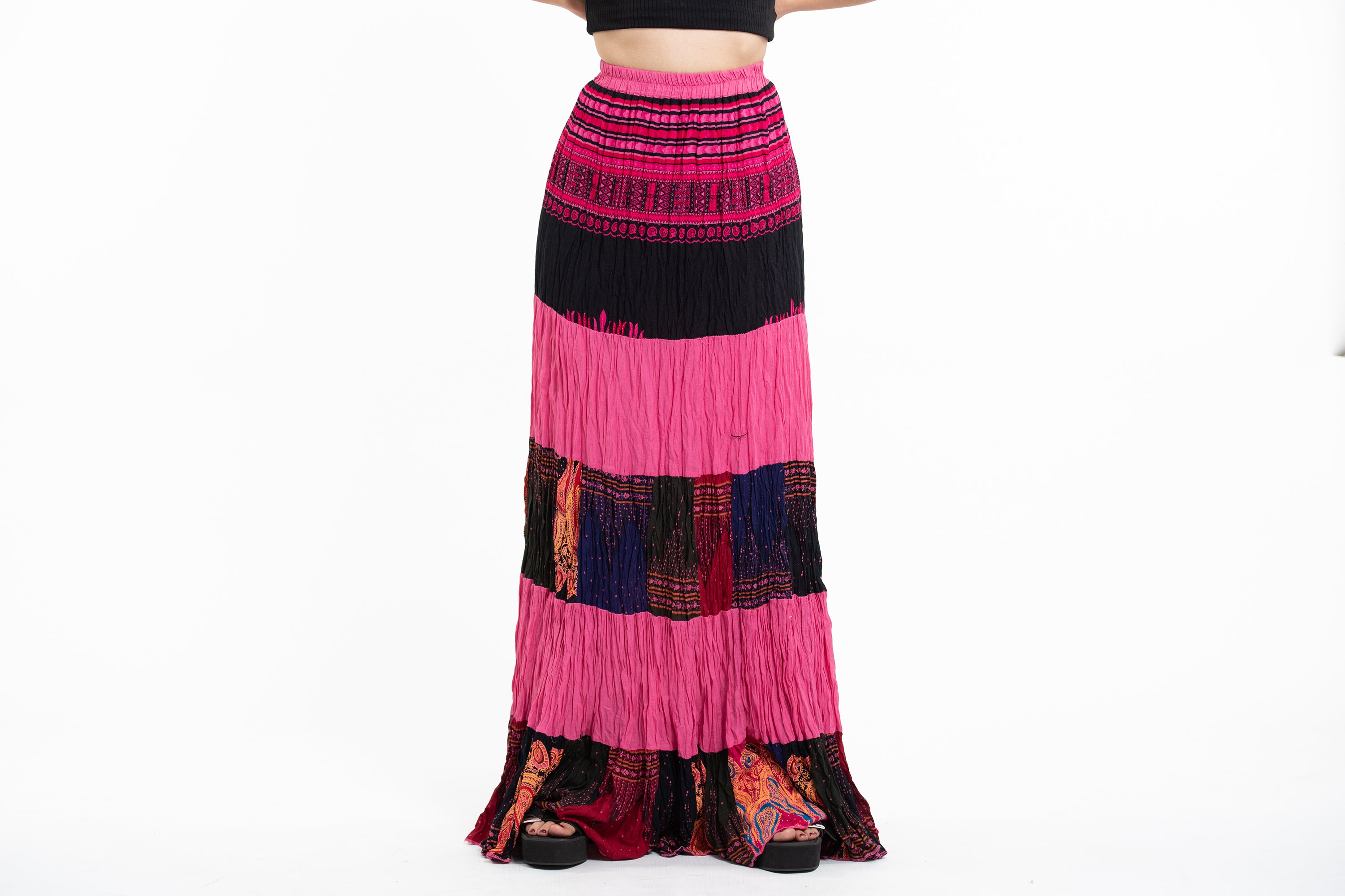 Patchwork Long Skirt in Bright Pink