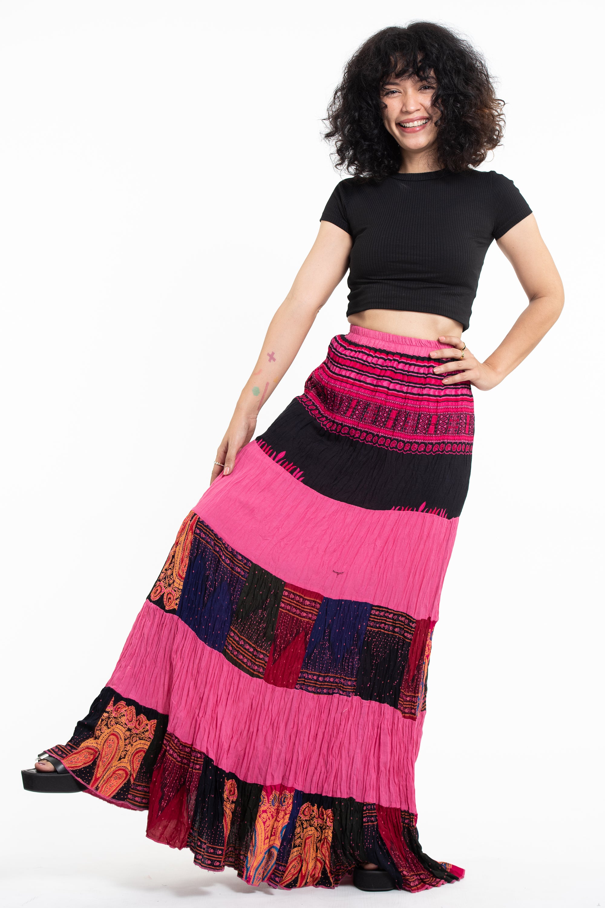 Patchwork Long Skirt in Bright Pink