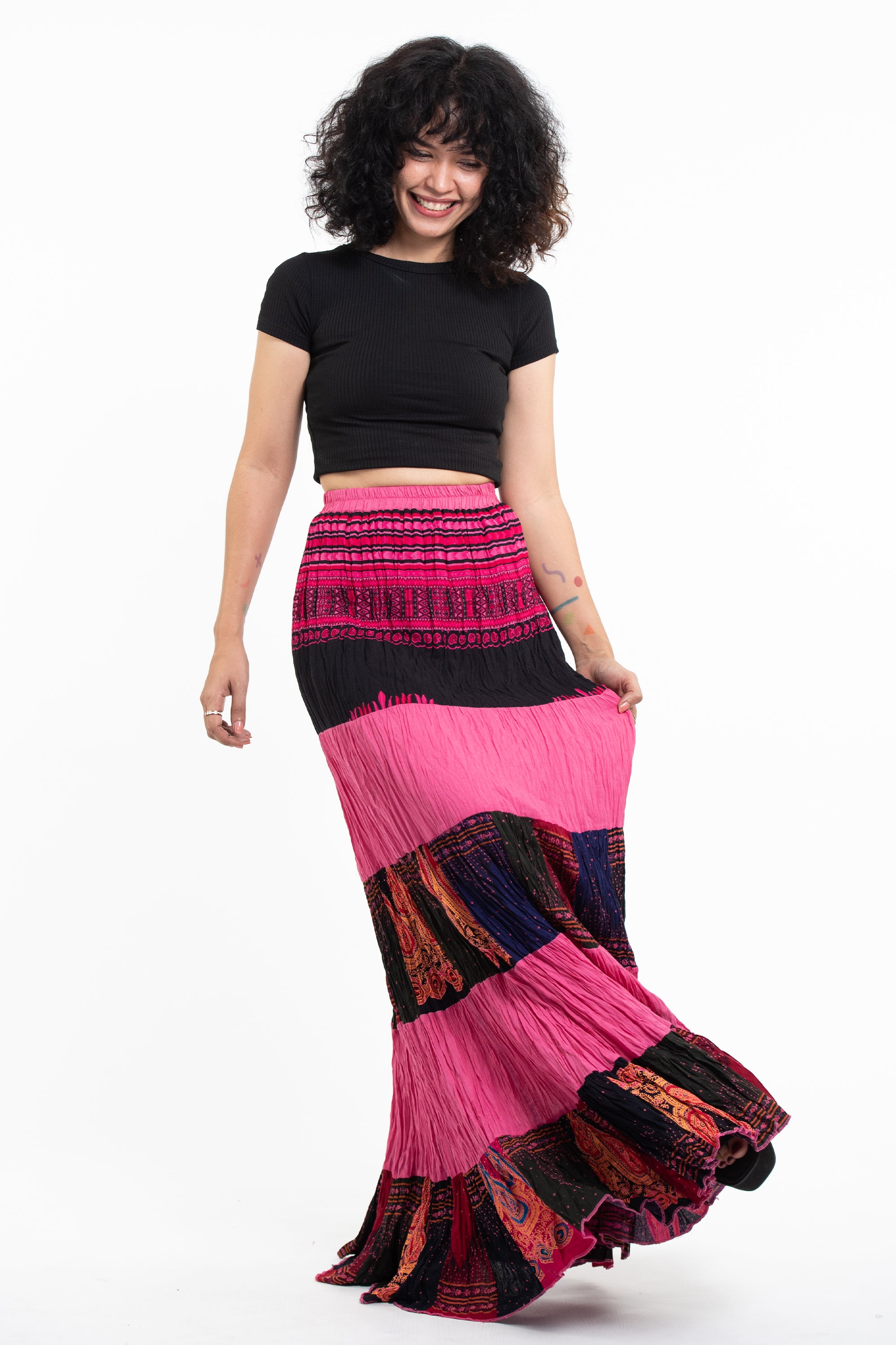 Patchwork Long Skirt in Bright Pink