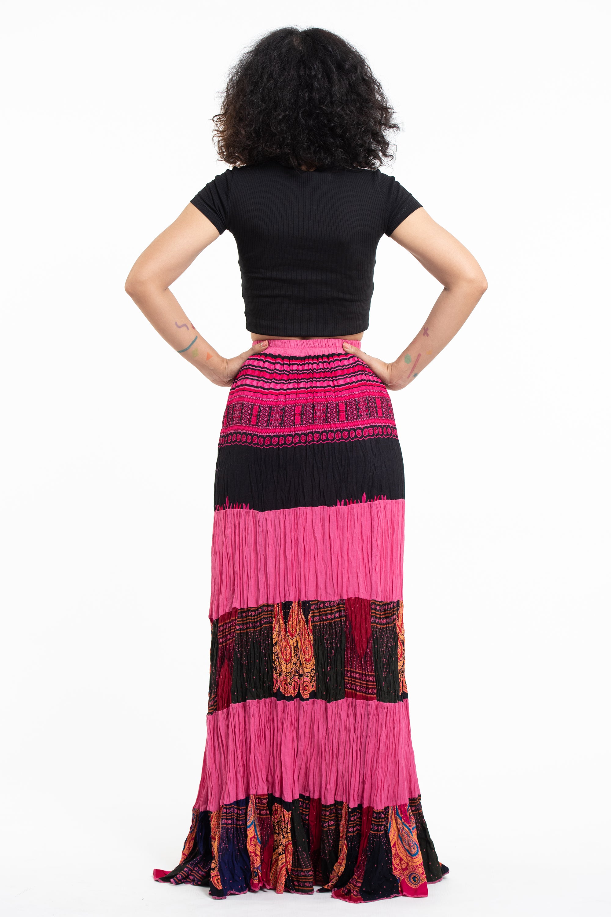 Patchwork Long Skirt in Bright Pink