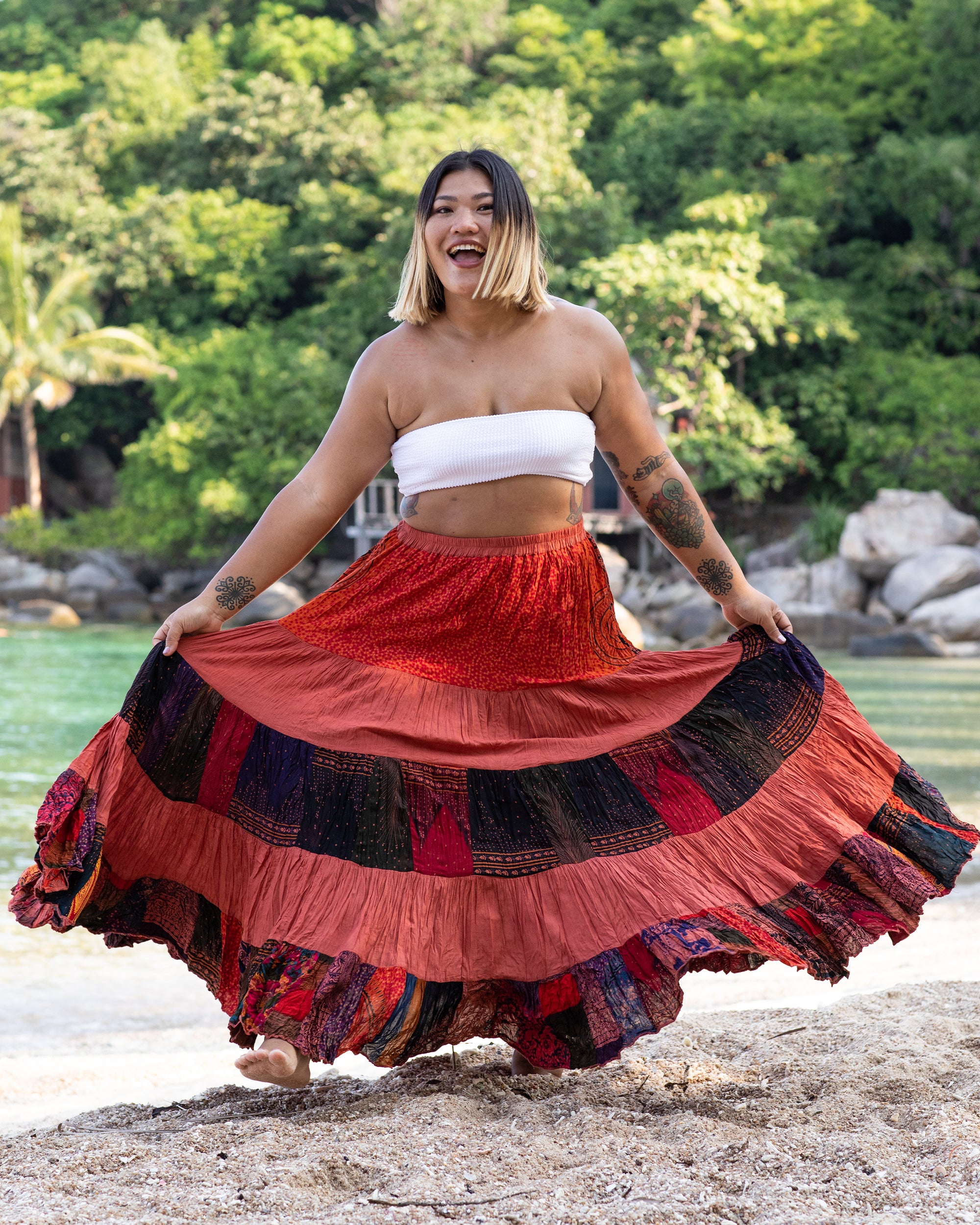 Plus Size Patchwork Long Skirt in Brick