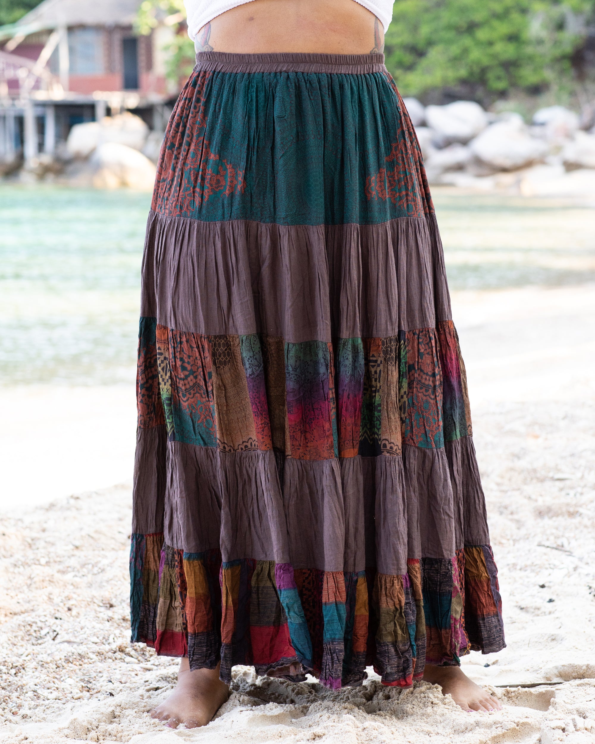 Plus Size Patchwork Long Skirt in Brown