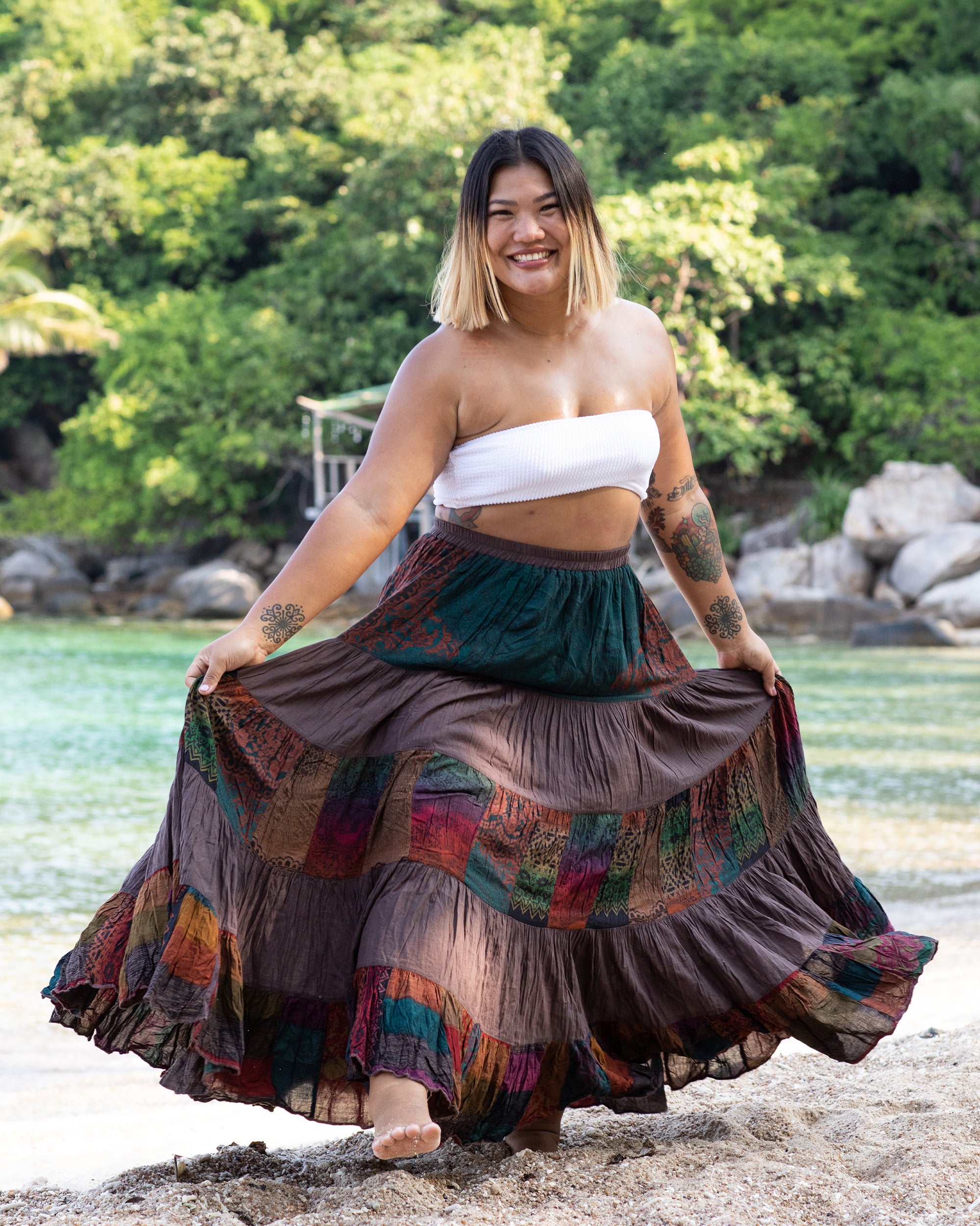 Plus Size Patchwork Long Skirt in Brown