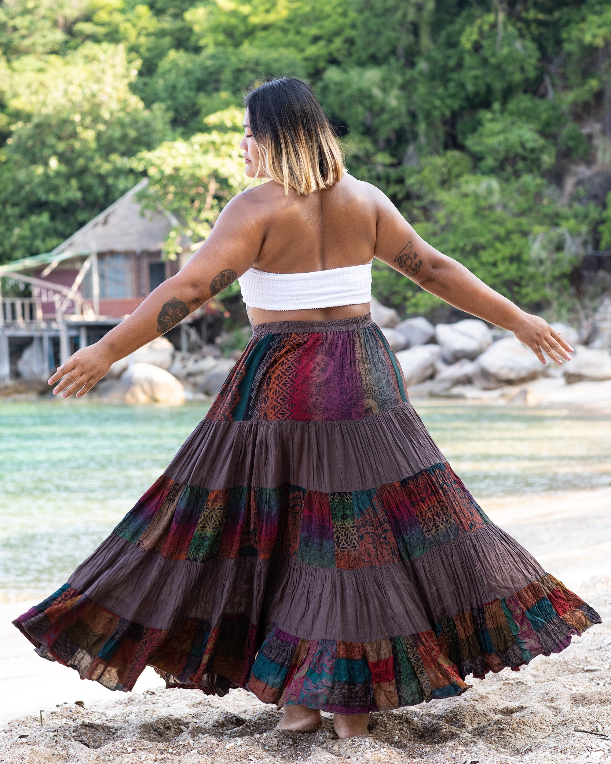 Plus Size Patchwork Long Skirt in Brown