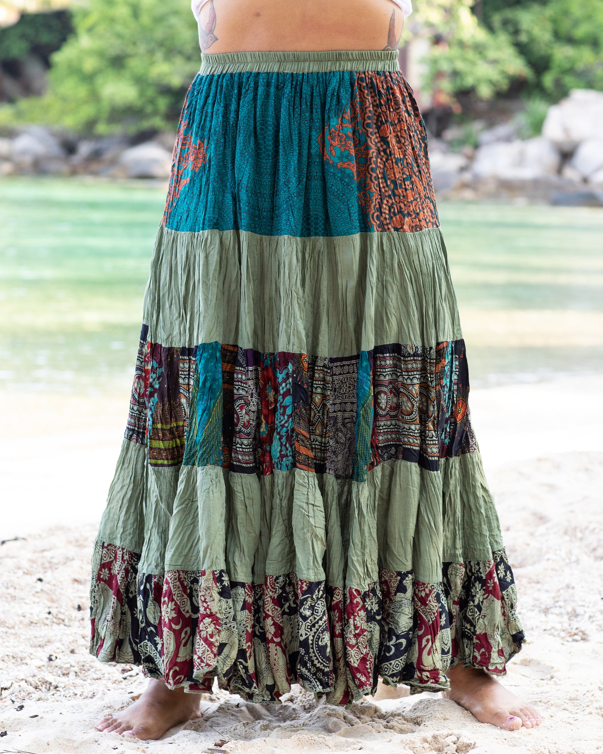 Plus Size Patchwork Long Skirt in Green