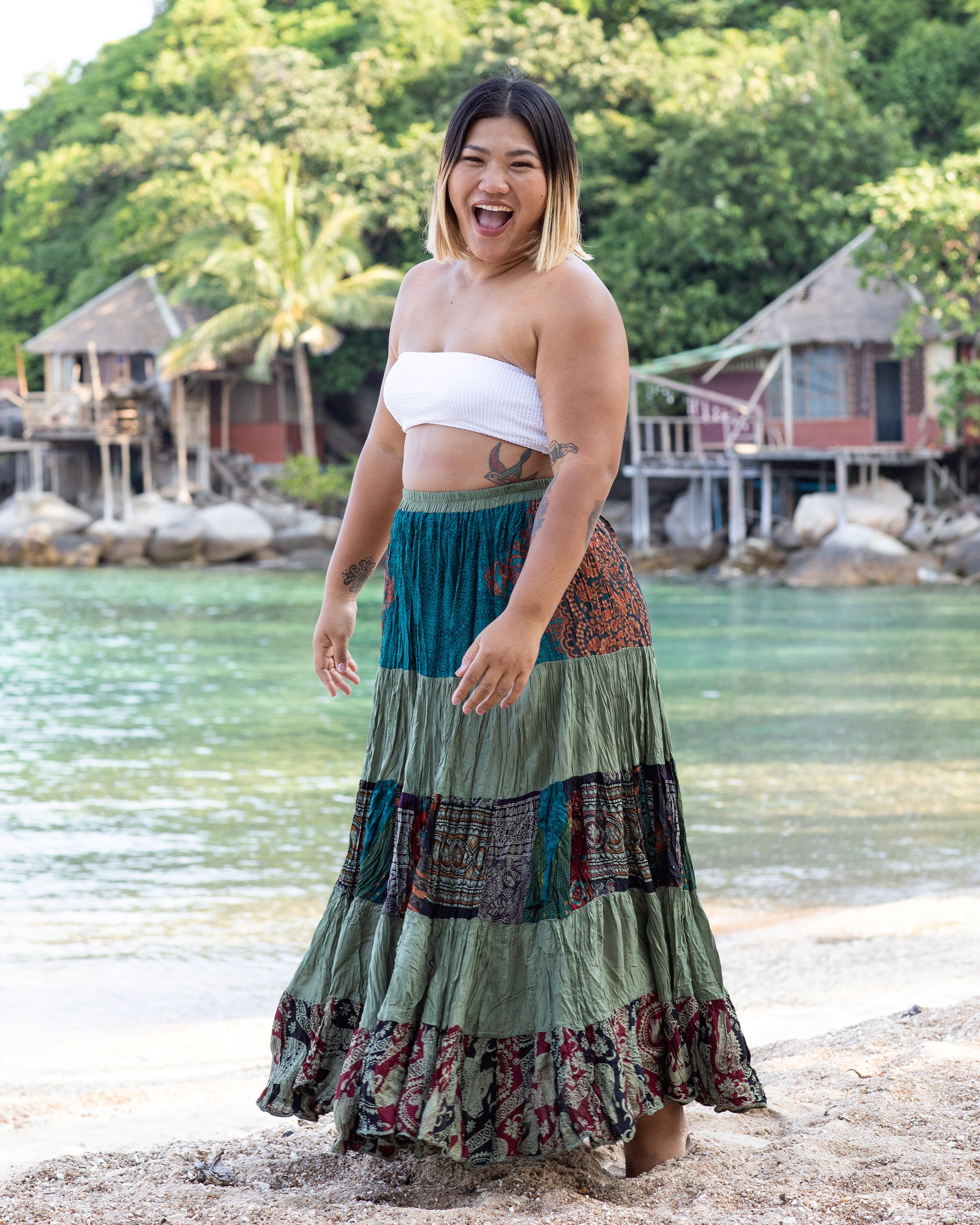 Plus Size Patchwork Long Skirt in Green