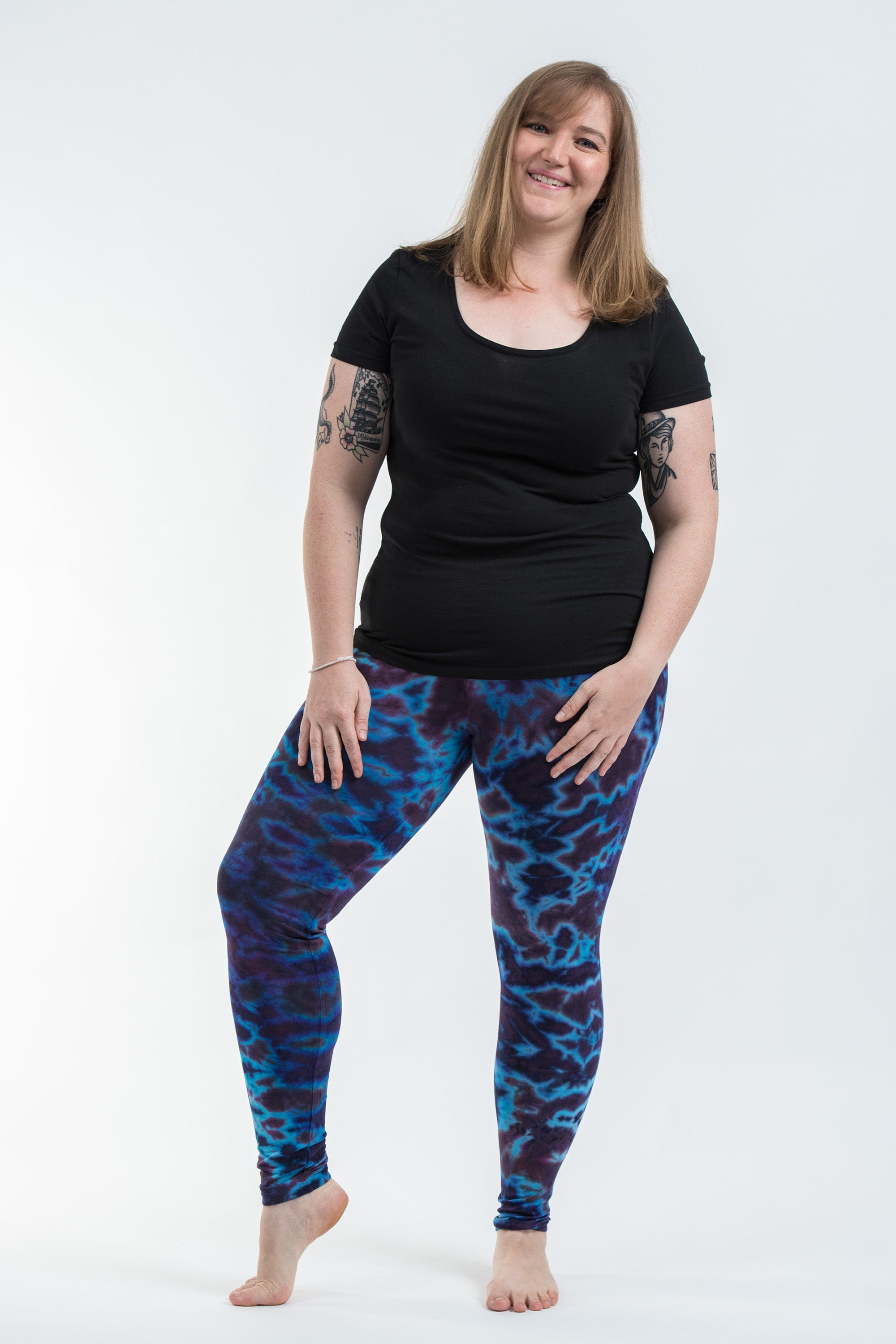 Plus Size Marble Tie Dye Cotton Leggings in Indigo