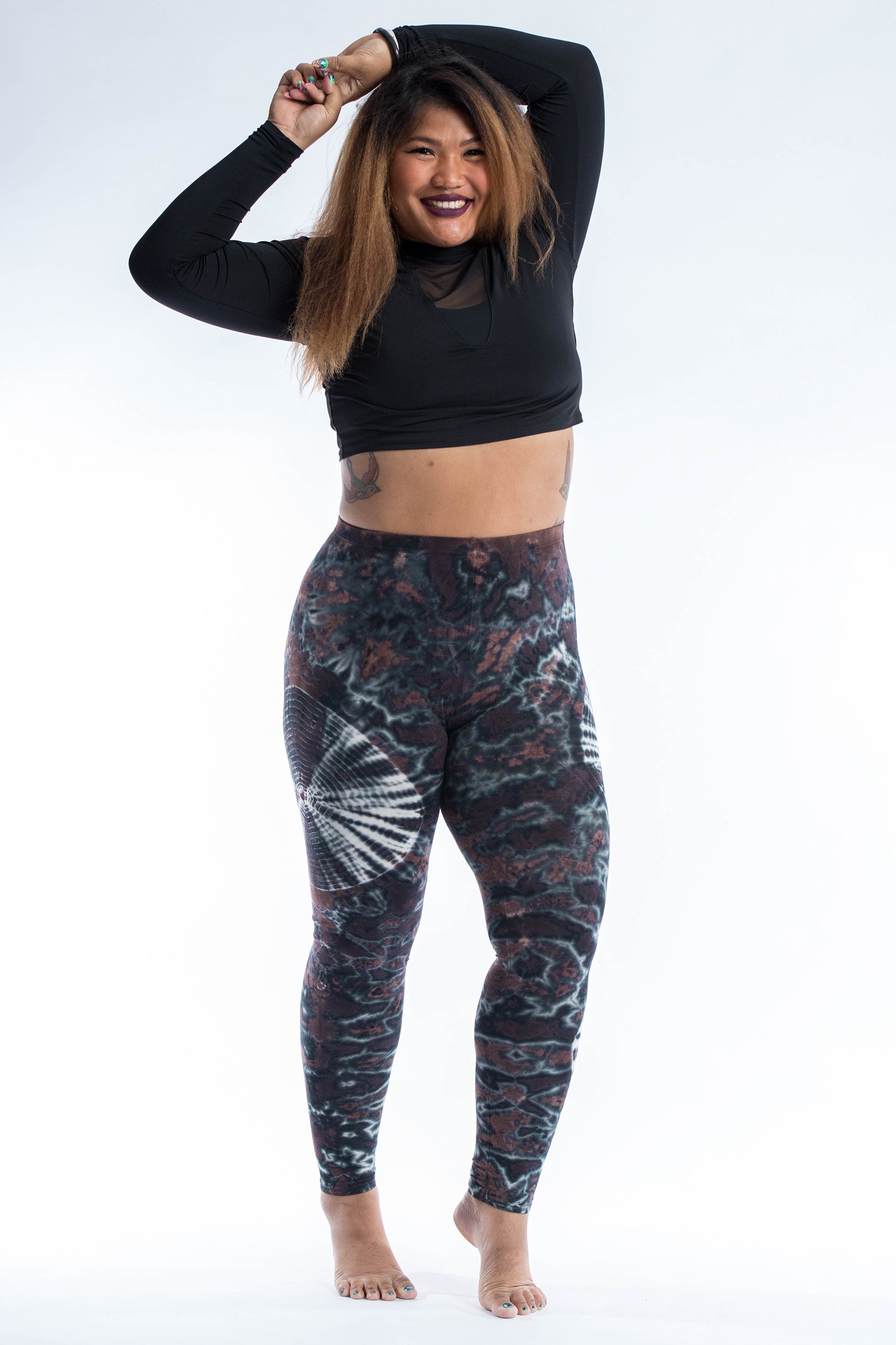 Plus Size Swirls Tie Dye Cotton Leggings in Brown