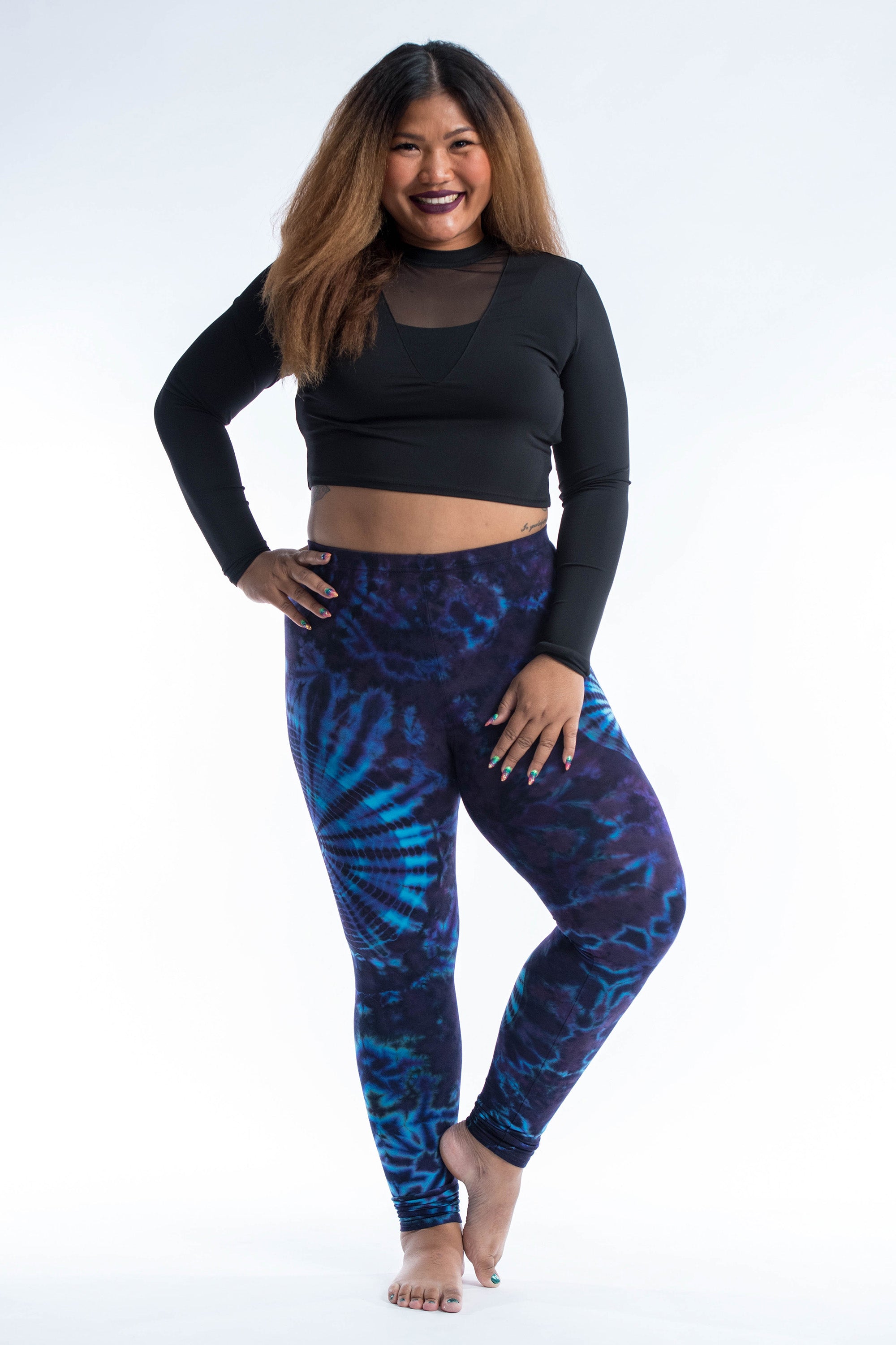 Plus Size Swirls Tie Dye Cotton Leggings in Indigo